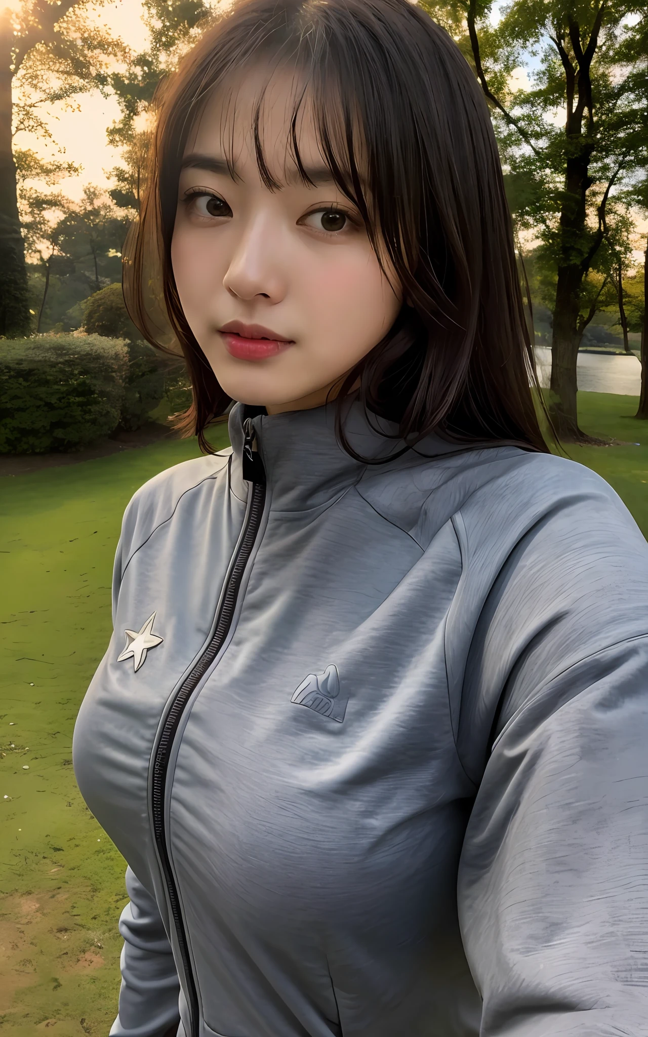 1 woman ,((upper body selfie: 1.5)), masterpiece, best quality, super detailed, solo, (outdoor: 1.6), (night: 1.7), (lake, mountain: 1.5), (medium chest: 1.6), stars, cheerful, gray tight-fitting tracksuit, forest, shadow, contrast, clear sky, close-up, cinematic light, super high resolution, best shadow, bust, RAW, seductive look, 4K, sexy