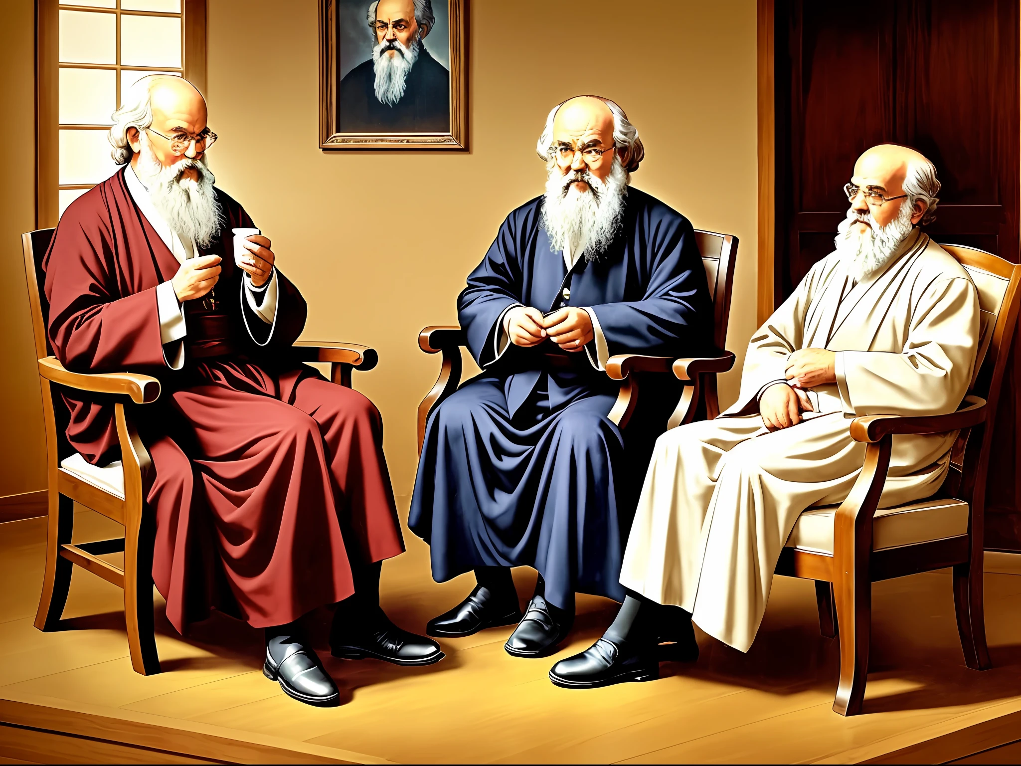 Three figures (the elderly monk, Karl Marx, Plato) are sitting on chairs, and the elderly monk is sitting on an old-fashioned wooden chair with a calm face; Karl Marx sat on a rattan armchair that looked like an early modern one, with a serious face; Plato was draped in a luxurious backrest chair and dressed in robes. The picture is detailed and realistic --auto --s2