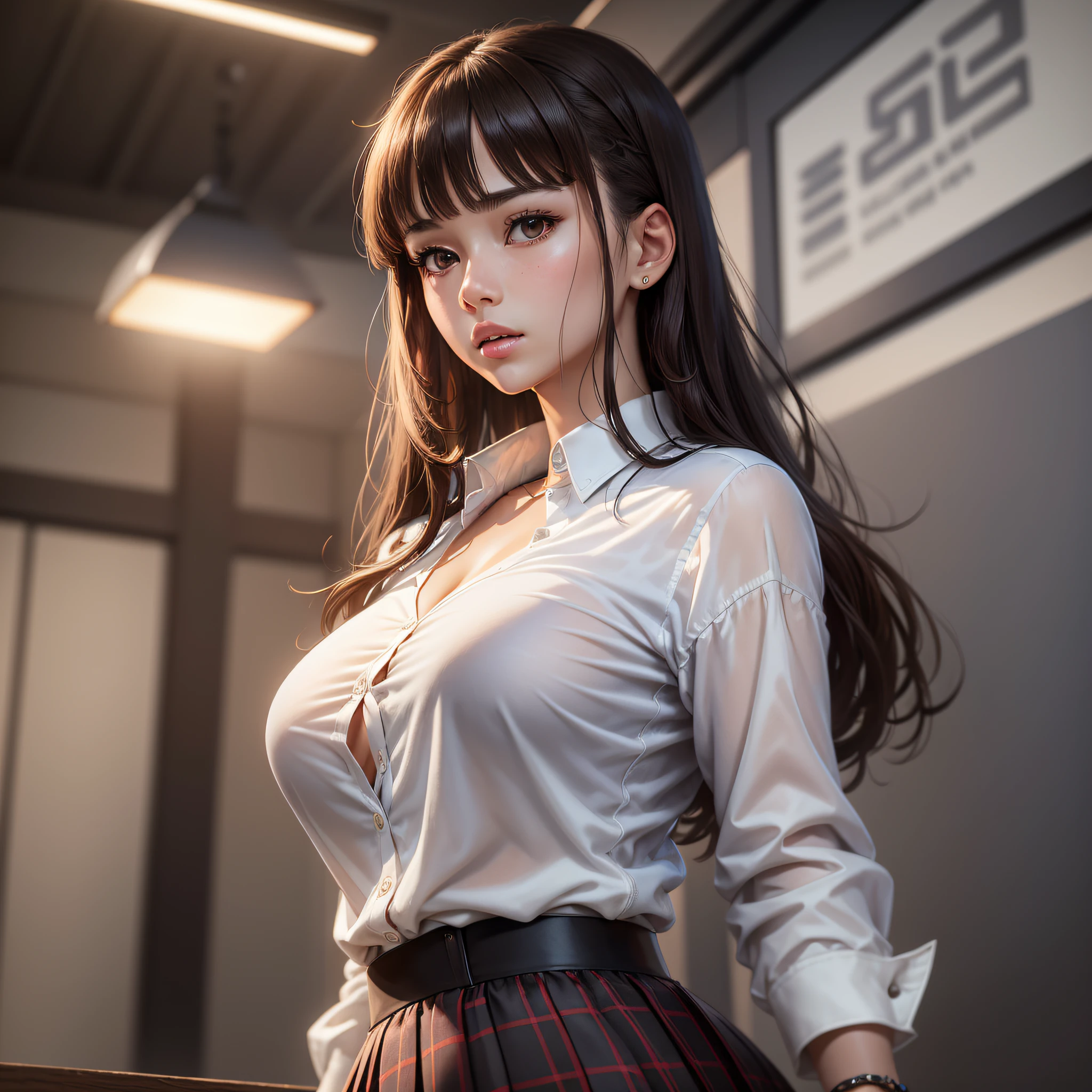 (extremely detailed CG Unity 8k wallpaper, masterpiece, best quality, super detailed), best lighting, floating, beautiful, refined and elegant, [(1 girl), mixed race between Chinese and Japanese, white shirt, slim fashion white tights, light milky white porcelain skin, smooth translucent white skin, wearing white shirt, open V-neck, delicate white shirt, exquisite details, (Neuromancer) Style: 1.3, (Translucent: 1.2), (Reluvy5213), (Yoshitomo Nara), (Long Shot), (Standing): 0.7], Plaid Skirt, White Shirt, Huge Breasts,,Exposed a Little Through Shirt, JK Ribbon around Neck, JK Ribbon, Brown Hair, Bracelet, Water, Bangs, School Uniform, Jewelry, Parted Lips, Lips, From the Side, Pleated Skirt, Depth of Field, Brunette --auto --s2