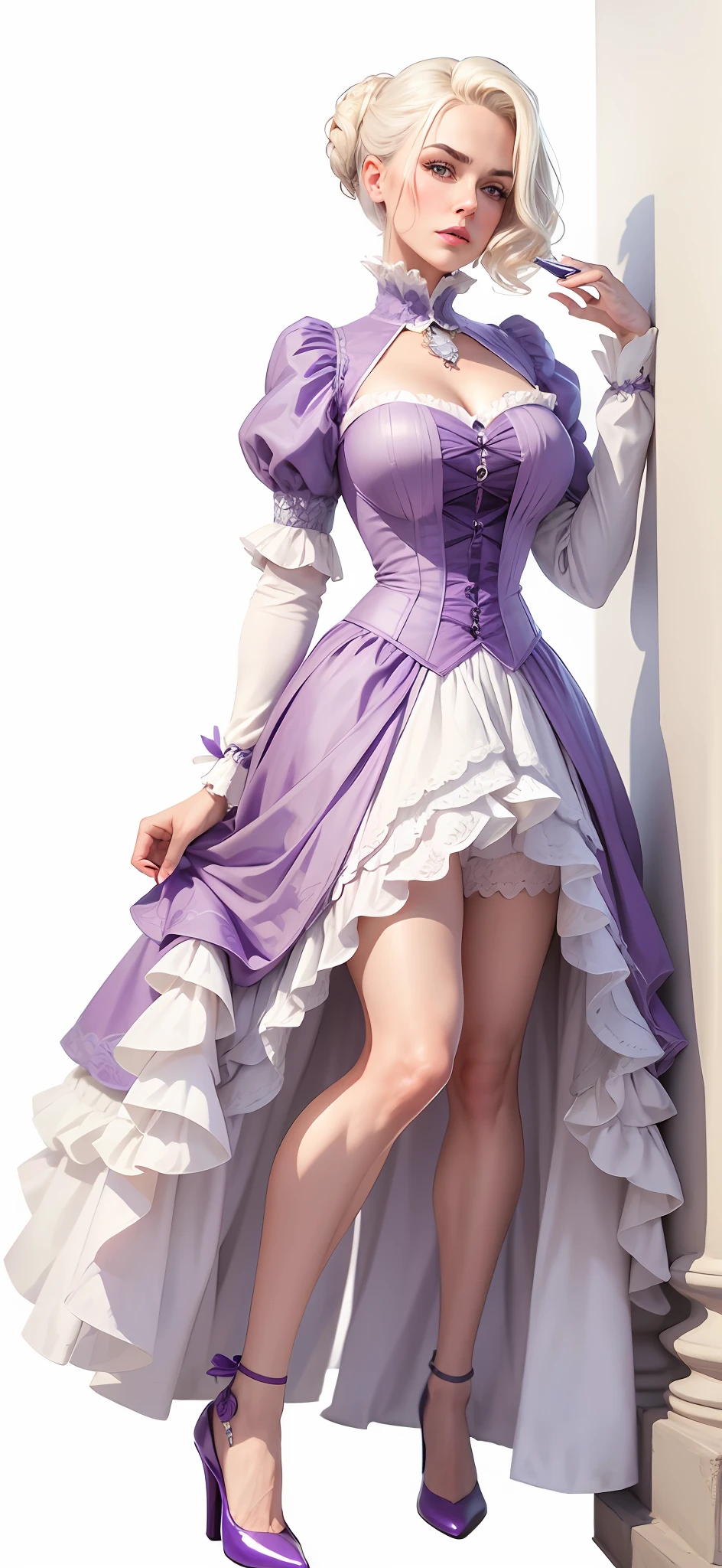 16k,UHD, Hyperrealistic, High detail, best quality, beautiful mature woman, short platinum blonde hair, purple Victorian dress