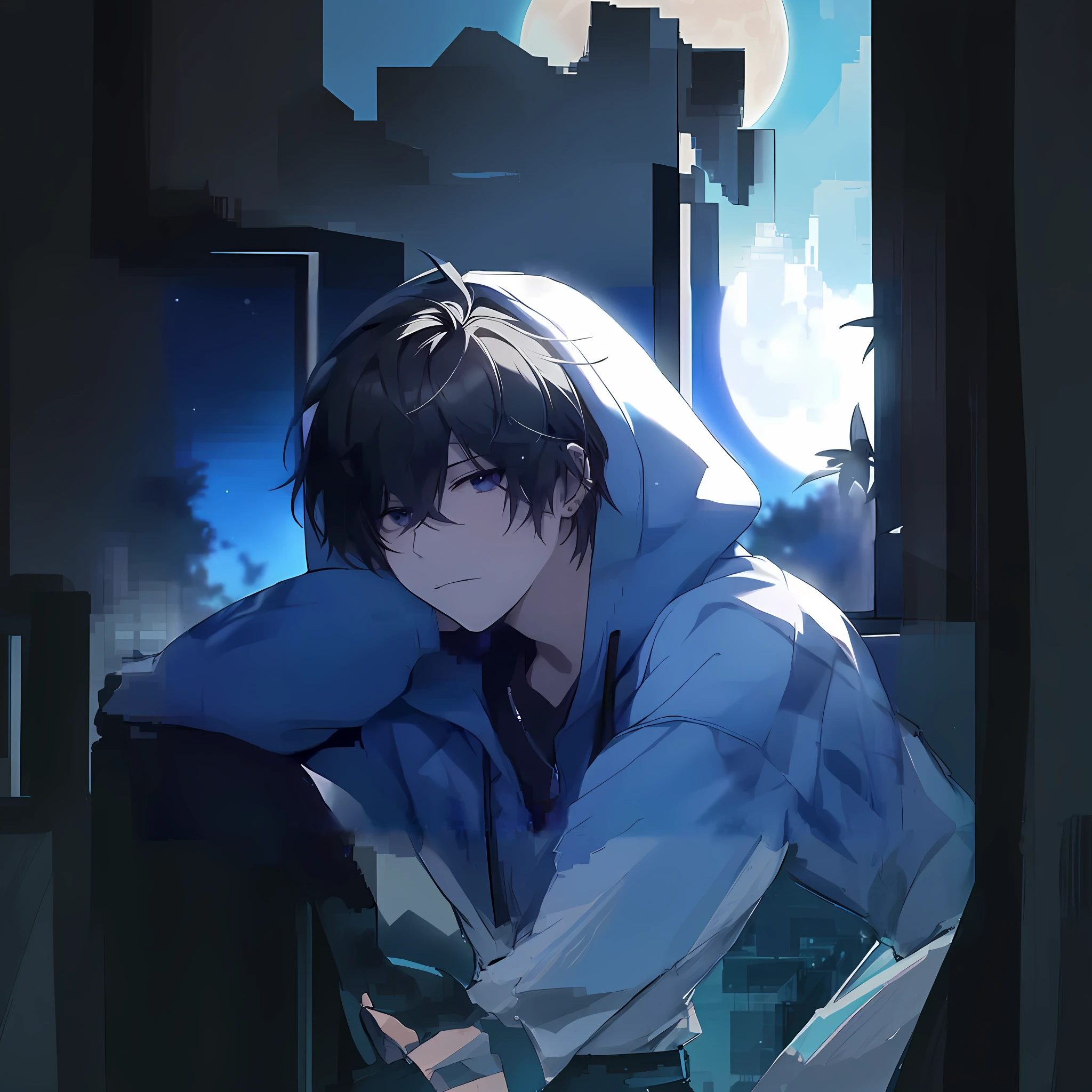 anime boy sitting on a window sill looking out at the moon, handsome anime pose, anime handsome man, tall anime guy with blue eyes, moon behind him, young anime man, anime boy, nightcore, male anime character, high quality anime artstyle, [[[[grinning evily]]]], from arknights, male anime style, kawacy