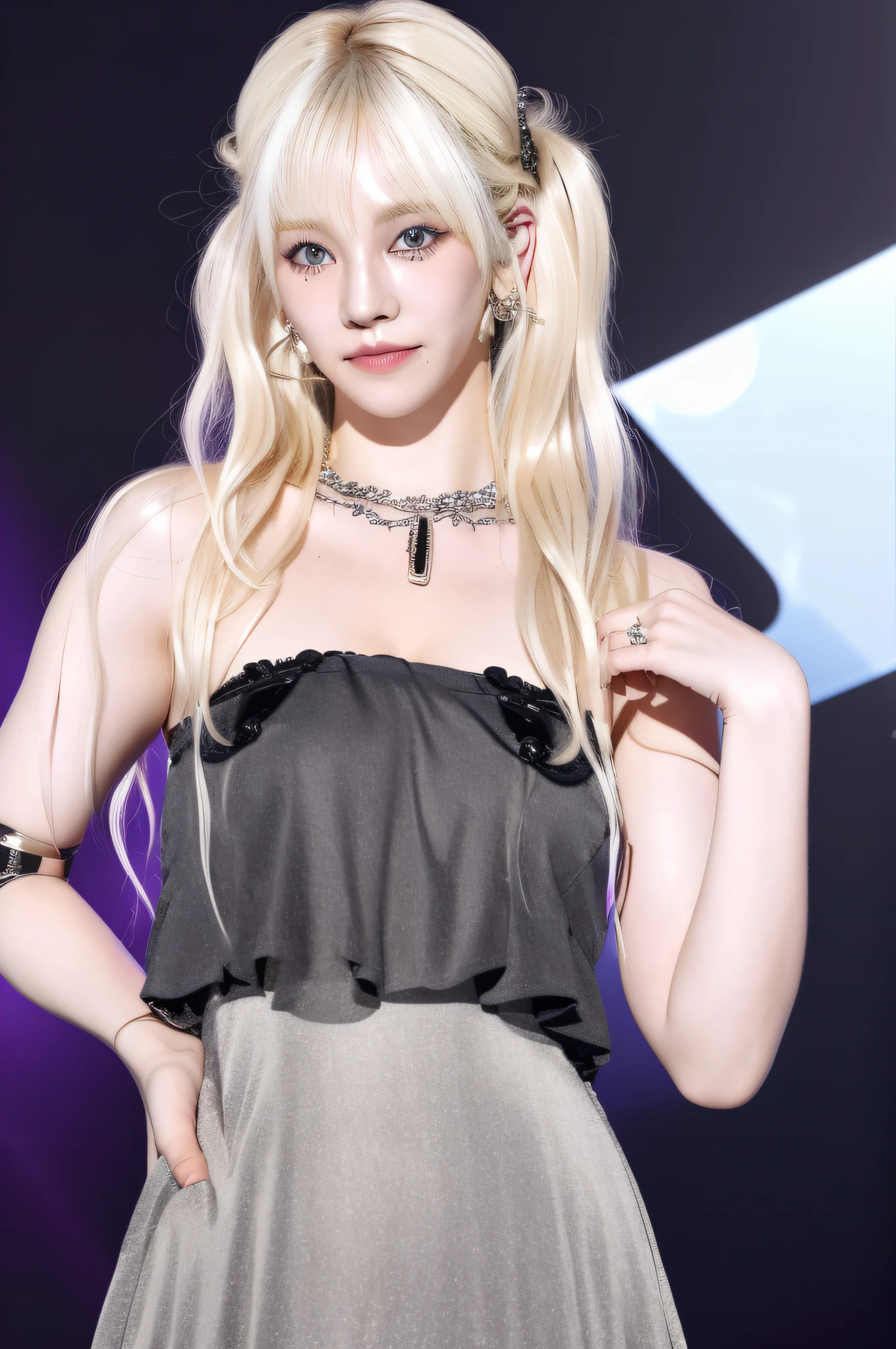 (8k, 4k, best quality, highres:1.1), ( realistic, photo-realistic:1.1), 1girl, solo, face, twintails, blonde hair, bangs, long_hair, necklace, earrings, lips, eyeshadow, jewelry, (looking at viewer:1.8), spaghetti strap, black nightgown,
detailed, high contrast,