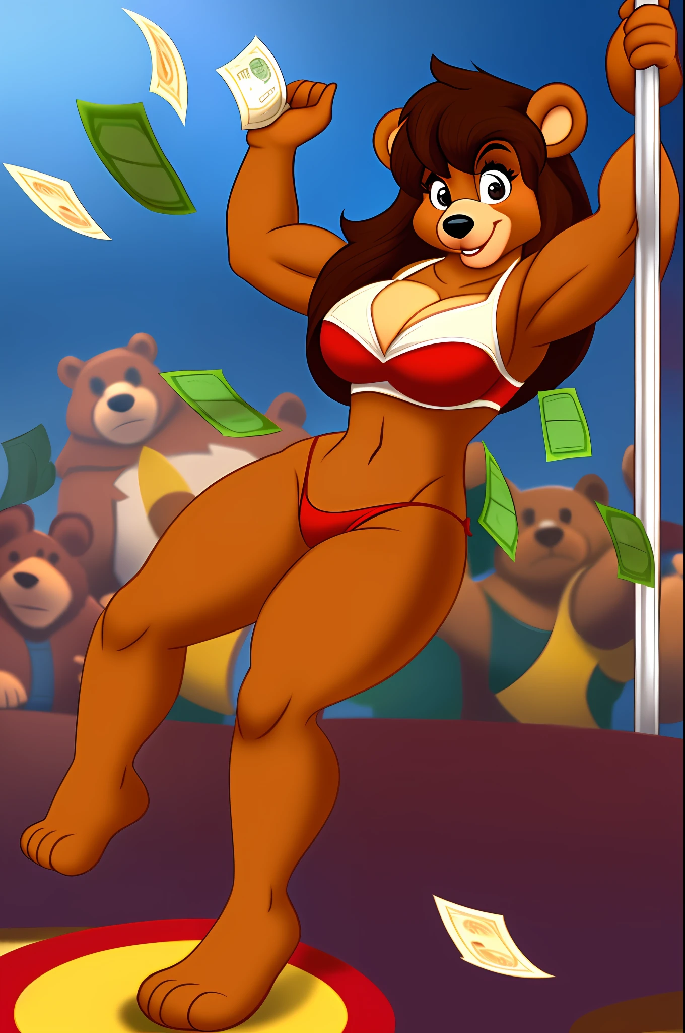 Disney's tale spin art style. 4 ft tall Young 14-year-old male bear kit  wearing a thong with a slightly muscular build  with dark brown dark brown mullet hair and tan body fur dancing around a pole on a stage while female bears wearing business suits that are very form-fitting and cleavage revealing or throwing money at the stage
