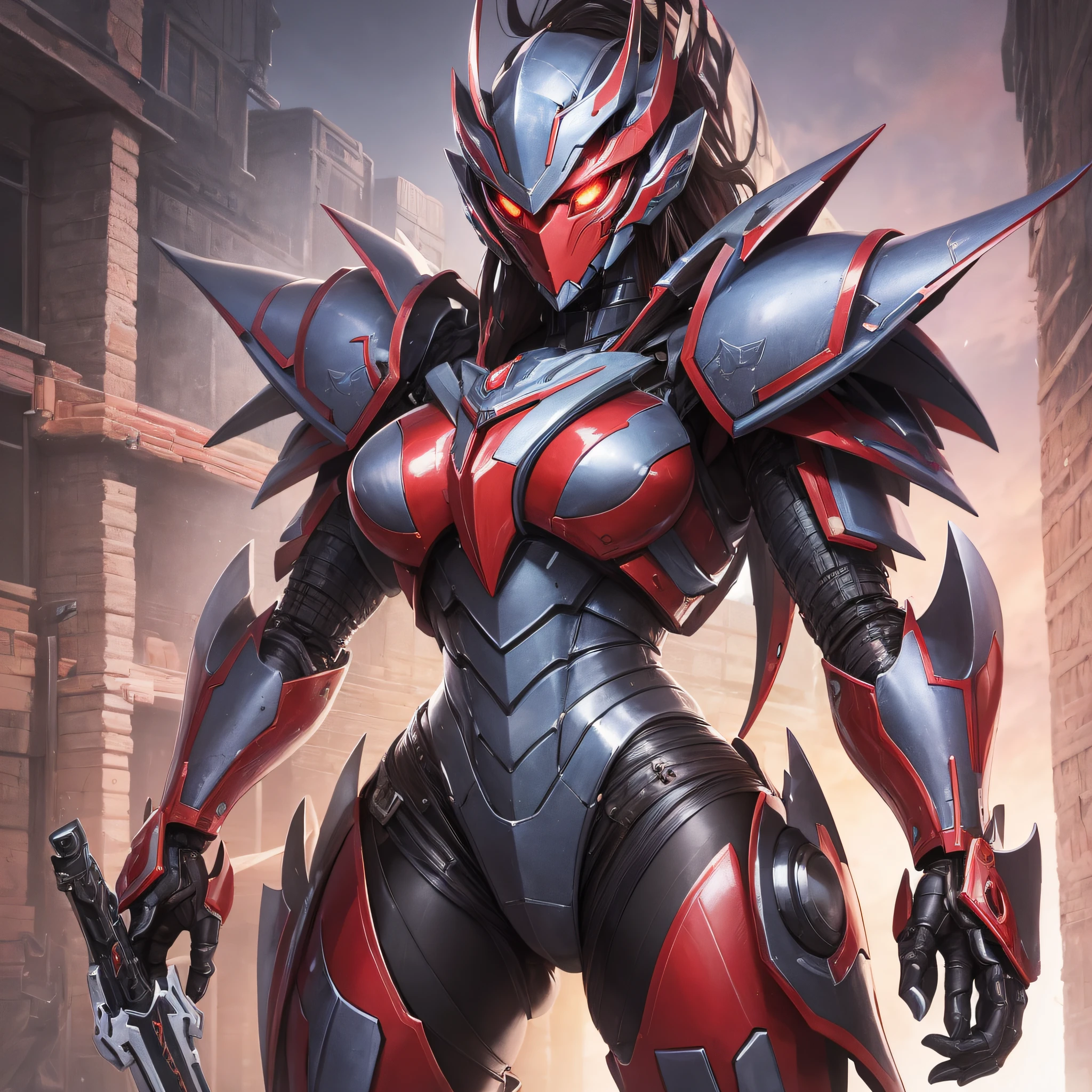 Crimson painting, close-up portrait of a person in costume with a sword, cyber japan style armor, cyber japan armor, guyver style, girl in armor, monster hunter armor, full body mecha suit, perfect anime cyborg woman, cyborg noble woman, mecha cyber armor girl, detailed full body concept, female armor, anime character. Full Body Art --auto --s2