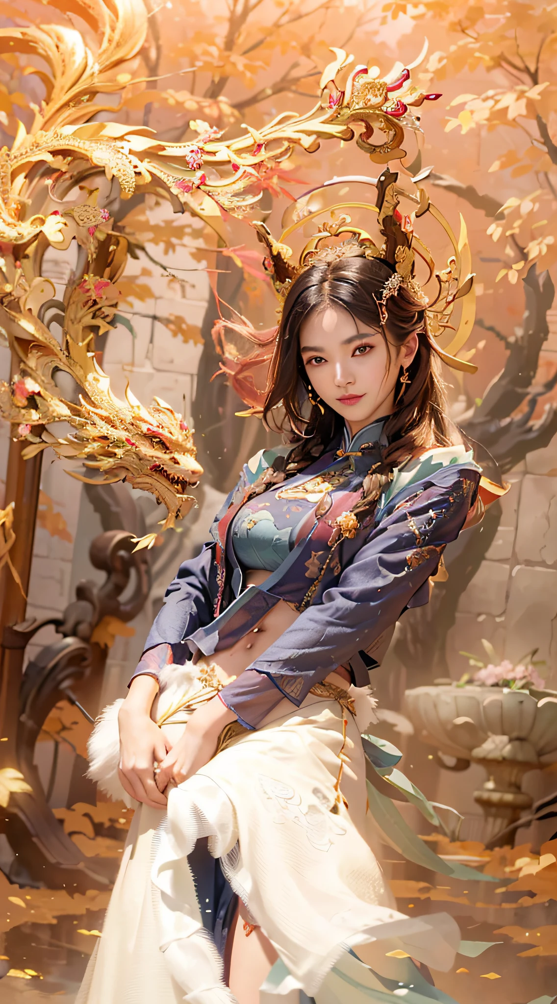 (RAW photos, best quality), (realistic, Photo Realism: 1.3), Extremely Refined and Beautiful, Amazing, Fine Detail, Masterpiece, Ultra Detail, High Resolution, (Best Illustration), (Best Shadow), Intricate, (in a crimson gold Chinese dragon, surrounded by gold dust, black flowers, trees, petals, wind, God, long wavy body, fangs, fantasy, mythology, high quality, highly detailed, masterpiece, epic, particle effects, dynamic effects, (Dragon: 1.4 in front of), clouds, storms, mountains, sunsets, clear focus, volumetric fog, 8k Ultra HD, DSLR, High quality, (Film grain: 1.4), Fujifilm XT3,Official Art, Unity 8K wallpaper, Ultra detailed, Beautiful and beautiful, Best quality, (Zen entanglement, tangled, entangled), (fractal art: 1.4), 1 girl, brunette hair, Chinese, bare shoulders, short skirt, calf, navel, very detailed, dynamic angle, denim lens, (most beautiful chaotic shape), flow, (bright colors), OC, (half: 1.2), china, (tape: 1.3), (Dream: 1.5), (Hanfu: 1.5), Chinese Dragon, (Smile: 0.5), (Chinese God), Realistic, Ultra High Resolution, Complex, Ultra Detailed, (Skin Dents), Female, Detailed Body, (Detailed Face: 1.1), (Contoured Iris), (Watercolor Lenses), (Perfect Eyes), 4K, Gorgeous, (Masterpiece: 1.2), (Best Quality: 1.2), Wide Buttocks, Thick Thighs, (Big Tits: 1.2) and (Big Tits: 1.2), Debauchery, Seductive pose.