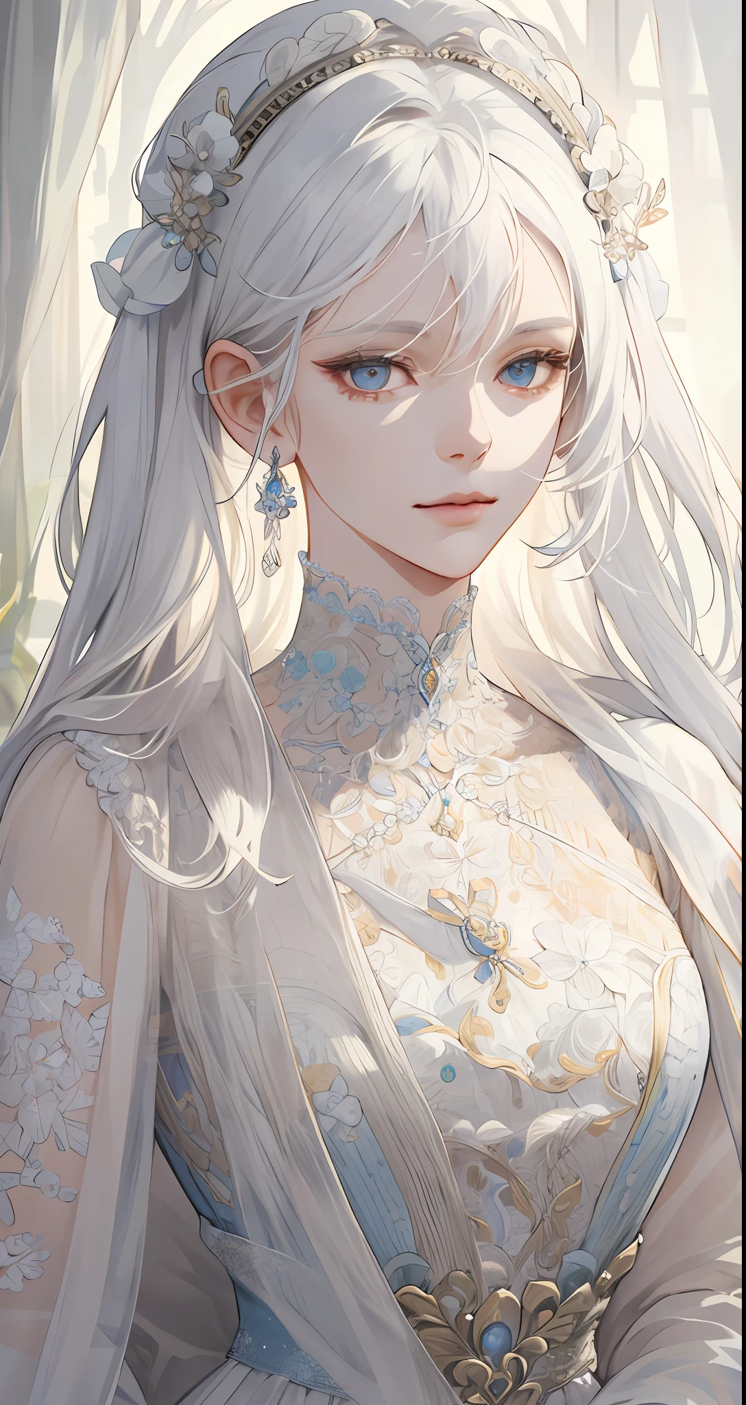 (Extremely Delicate and Beautiful:1.2), 8K ,(Masterpiece:1.0),(best_quality:1.0), 1girl, mature woman, complex details, enlarged textures, complex details, finely detailed eyes and detailed face, intricate details, white hair, (closed mouth), perfect eyes, equal eyes, (goddess), perfect body, extremely detailed