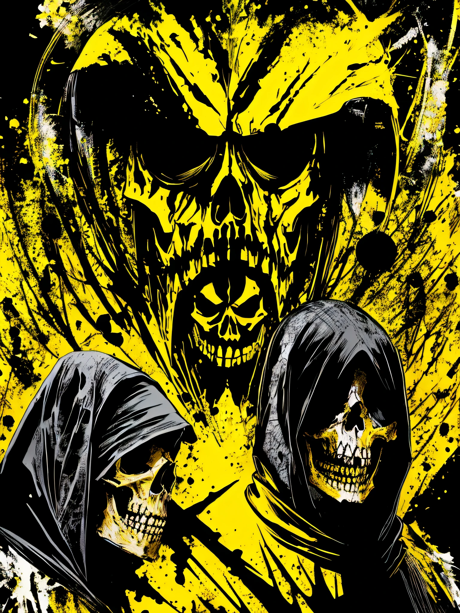 yellow and black, skull face medieval cultists, in the style of Mork Borg, strong contrast, grunge dirty punk splash art, zine black metal, forest color splash background