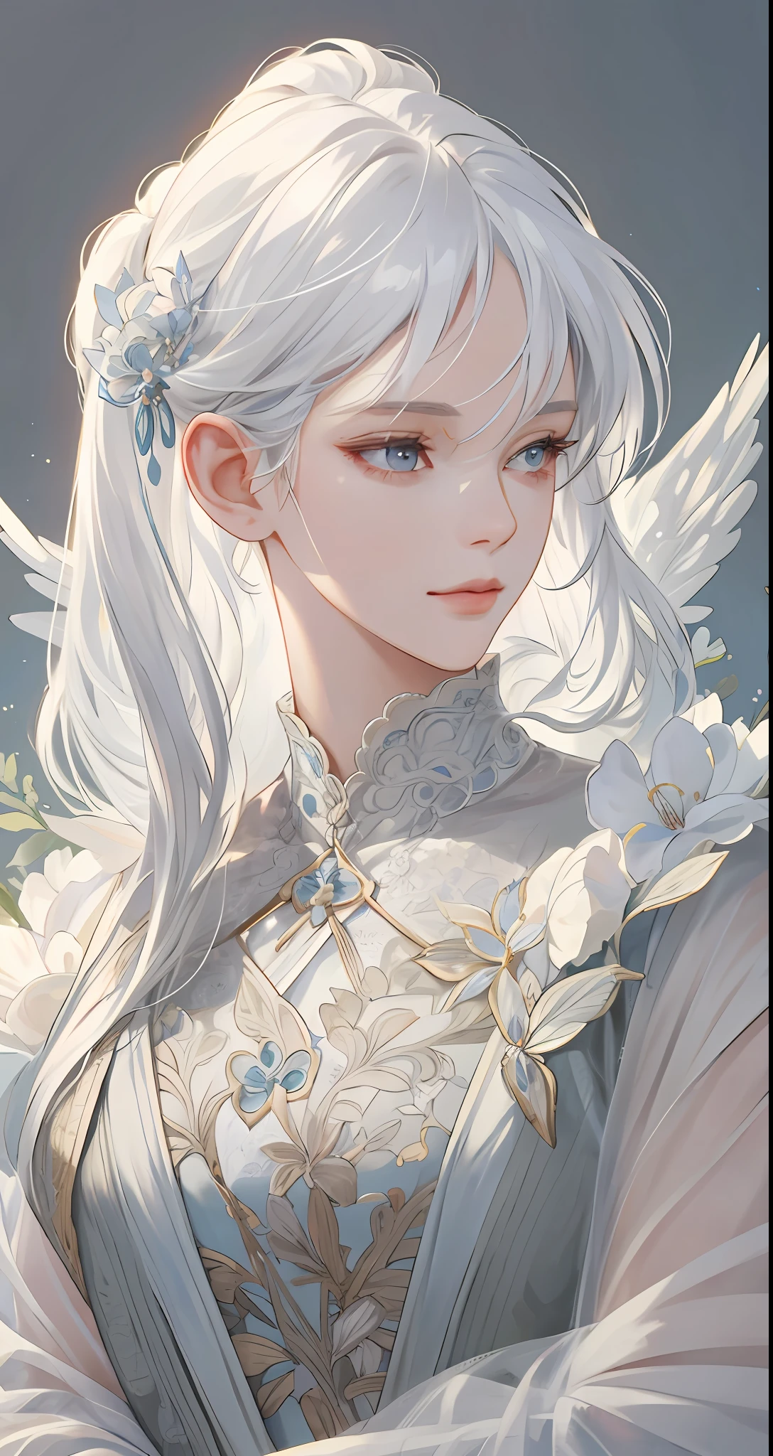 (Extremely Delicate and Beautiful:1.2), 8K ,(Masterpiece:1.0),(best_quality:1.0), 1girl, mature woman, complex details, enlarged textures, complex details, finely detailed eyes and detailed face, intricate details, white hair, (closed mouth), perfect eyes, equal eyes, (goddess), perfect body, extremely detailed