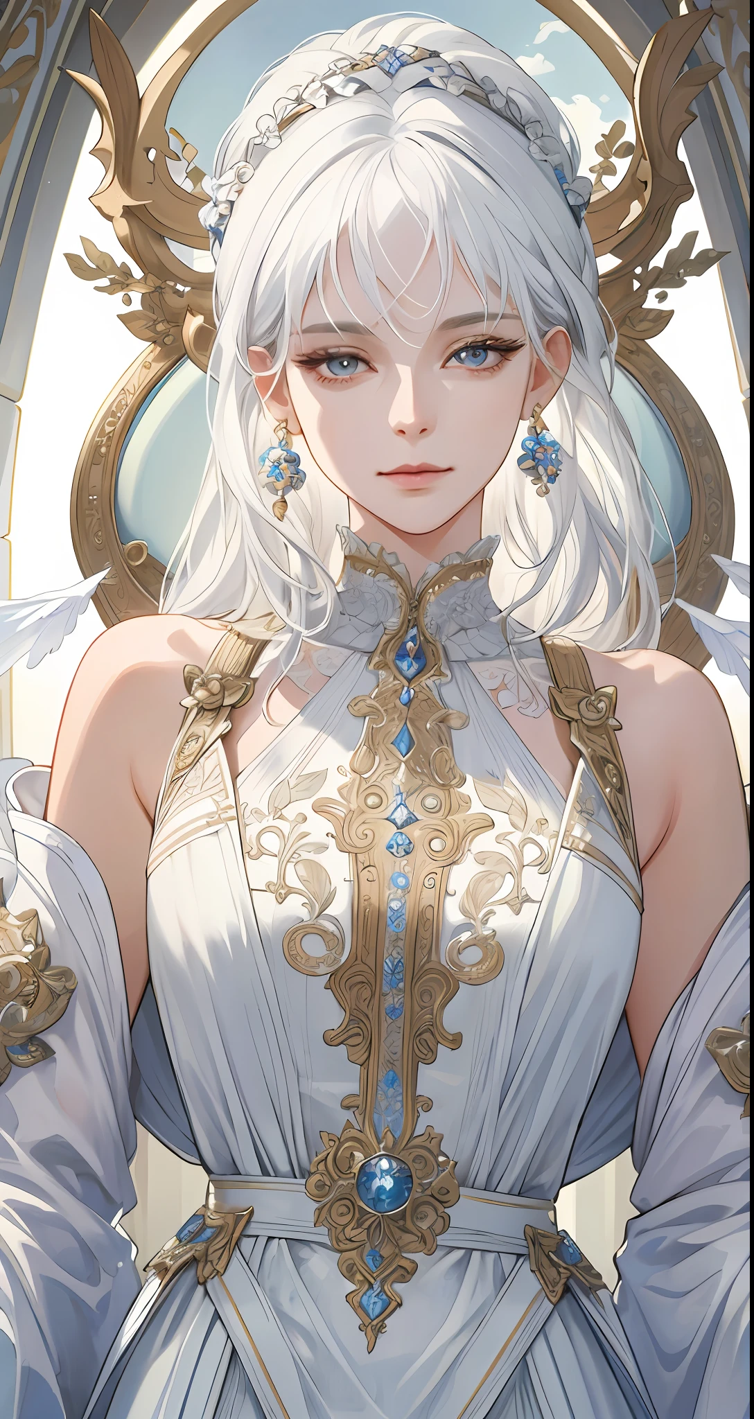 (Extremely Delicate and Beautiful:1.2), 8K ,(Masterpiece:1.0),(best_quality:1.0), 1girl, mature woman, complex details, enlarged textures, complex details, finely detailed eyes and detailed face, intricate details, white hair, (closed mouth), perfect eyes, equal eyes, (goddess), perfect body, extremely detailed