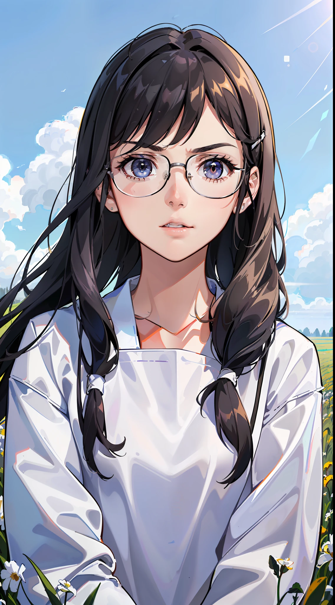 Movie Poster,Solo,(Most Realist:1.5),Highest Resolution,Face Resolution,(((Medium Length Hairstyle: 1.5)),Science Fiction,Sci-Fi,Movie Based Foundation,View from front,Angry,Adult,(39-year-old middle-aged woman : 1.5),Dark black hair,Light gray eyes,(Squint:1.3),(Reference set of white scientists:1.6),(Filed in the middle of an open meadow with a breeze:1.4),Highest quality images