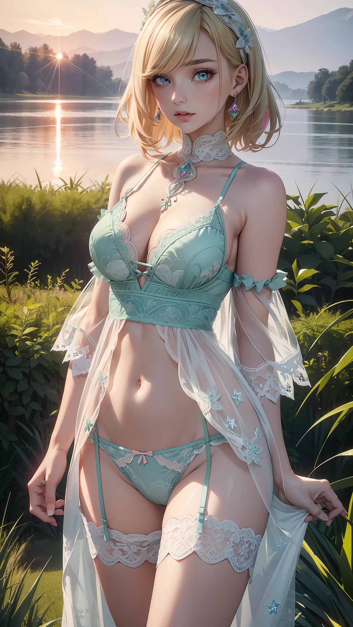 Realistic, Hyper Detail, Girls Only, one side short layered bob, Dynamic Lighting, ((Bold imaginative pose)), (Glossy skin: 1.5), Masterpiece, Top Quality, Absurdity, Watching Viewer, (((Blonde)) and Pink Hair), deep Purple Clear Eyes,((Beautiful, detailed eyes, jewel-like eyes, sparkling eyes:1.3)), Slender, High Resolution, Sharp Focus, Depth of Field, Detail Eyes, Sharp Eyes, (Realistic Eyes)), outdoors, sunrise sky, (attractive delicate design river trimmed lace dress, (intricately patterned mint green underwear wearing): 1.3))