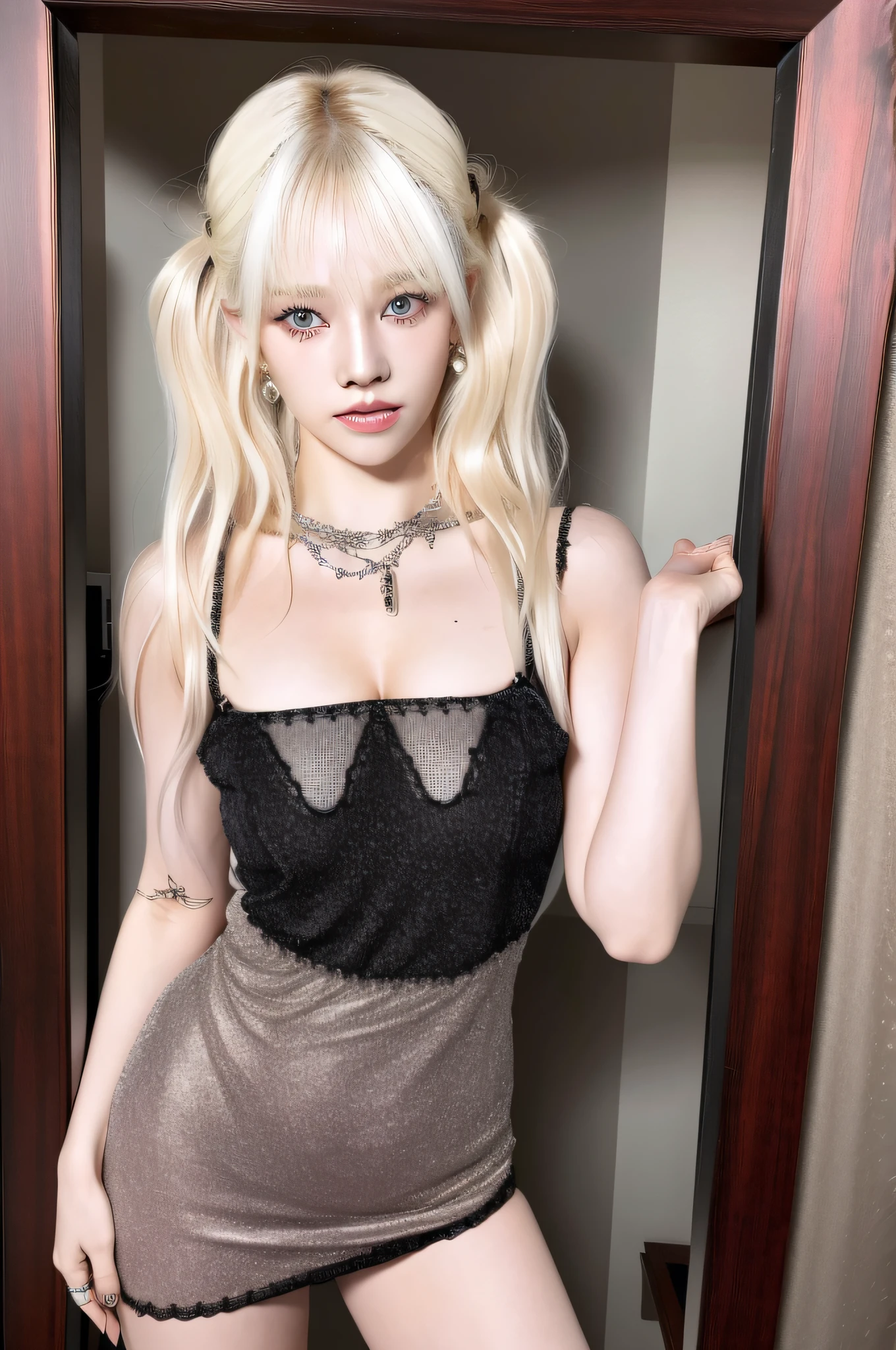 (8k, 4k, best quality, highres:1.1), ( realistic, photo-realistic:1.1), 1girl, solo, face, twintails, blonde hair, bangs, long_hair, necklace, earrings, lips, eyeshadow, jewelry, (looking at viewer:1.8), spaghetti strap, black nightgown,
detailed, high contrast,