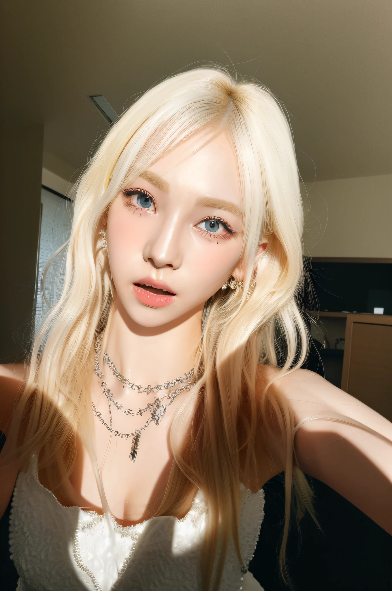 (8k, 4k, best quality, highres:1.1), (  realistic, photo-realistic:1.1), 1girl, solo, face, twintails, blonde hair, bangs, long_hair, necklace, earrings,   lips,  eyeshadow,  jewelry, (looking at viewer:1.8), spaghetti strap, black nightgown,
detailed, high contrast,