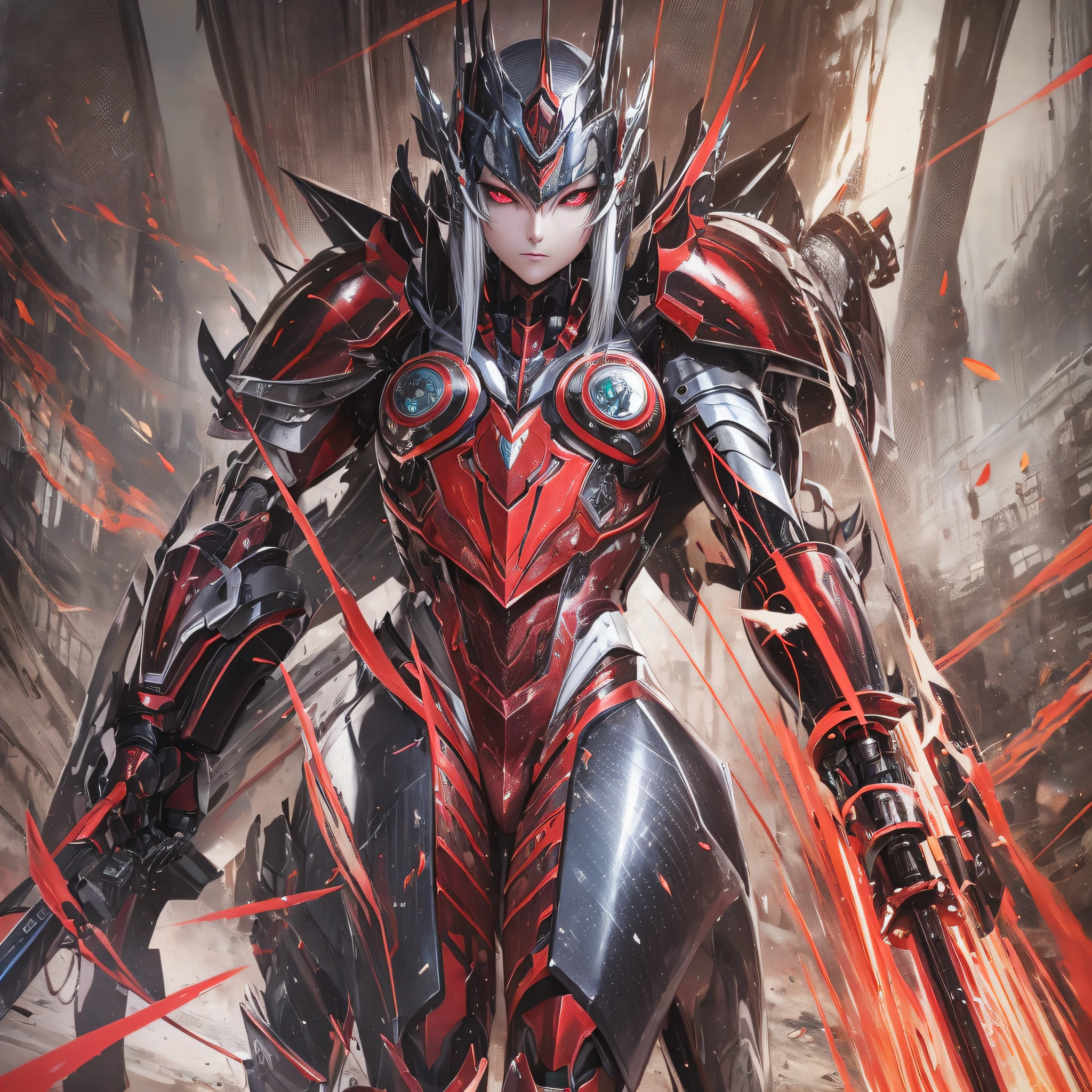 Crimson painting, close-up portrait of a person in costume with a sword, cyber japan style armor, cyber japan armor, guyver style, girl in armor, monster hunter armor, full body mecha suit, perfect anime cyborg woman, cyborg noble woman, mecha cyber armor girl, detailed full body concept, female armor, anime character. Full Body Art --auto --s2