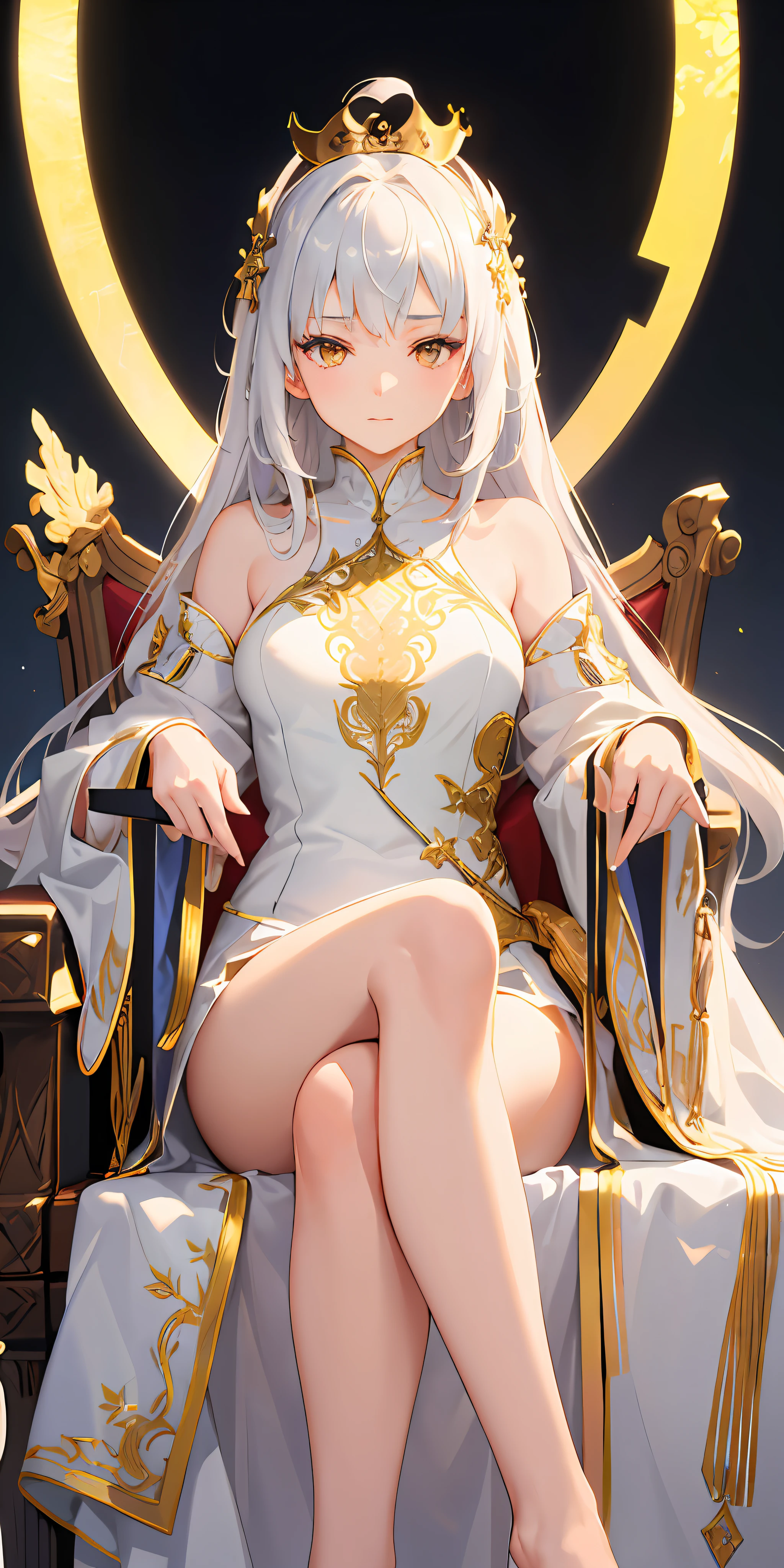 (Masterpiece:1.2), best quality, (illustration:1.2), (ultra-detailed), hyper details, (delicate detailed), (intricate details), (cinematic light, best quality Backlights), clear line, from below, soloist, perfect body, (1girl), white hair and yellow eyes, (emperor, black see-through clothes), (crown: 1.1), sitting on the throne, eyes slightly closed, head down, (shy: 1.2 ), (makeup), high contrast, (best illumination, an extremely create and beautiful), (cinematic light), colorful,