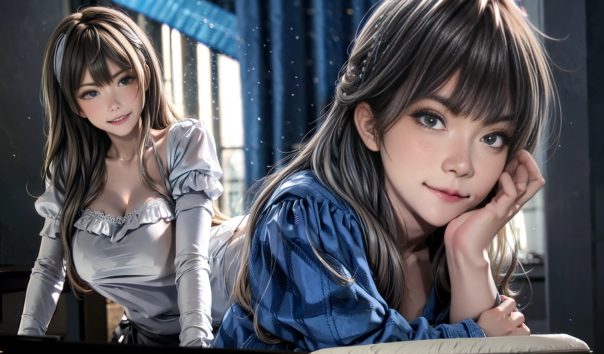 8k, Best Quality, Masterpiece, Realistic,, Ultra Detailed, Two Women (AV Actress + Enchanting Feminine Seduction), Fair Skin, One Silver, One Black and Gray. 8k portrait rendering, beautiful detailed sky, detailed café ,messy hair, wet skin, wet shirt white transparent shirt, wet hair,,squinting,thin eyebrows,facing the audience, bloom effect, super detailed face, beautiful and delicate eyes, mature face smile (shut up), plump body [[[black lace styling lingerie]], medium breasts, messy fabric, messy skirt, messy lingerie, lifted shirt, standing in front of the table, afternoon tea table, pure lust seduction super detailed illustration, collared shirt (lace, White transparent shirt), perfect legs and feet, white silk calf socks. Best environment (raining outside), long legs + white silk calf socks, white lace, long hair (hair over one eye),,cinematic light,warm sunlight,full body image, beauty and aesthetics, detailed background, soft shadows, warm lighting, bloom, contrast, light reflection against darkness, wide dynamic range, HDR, low light: 1.2