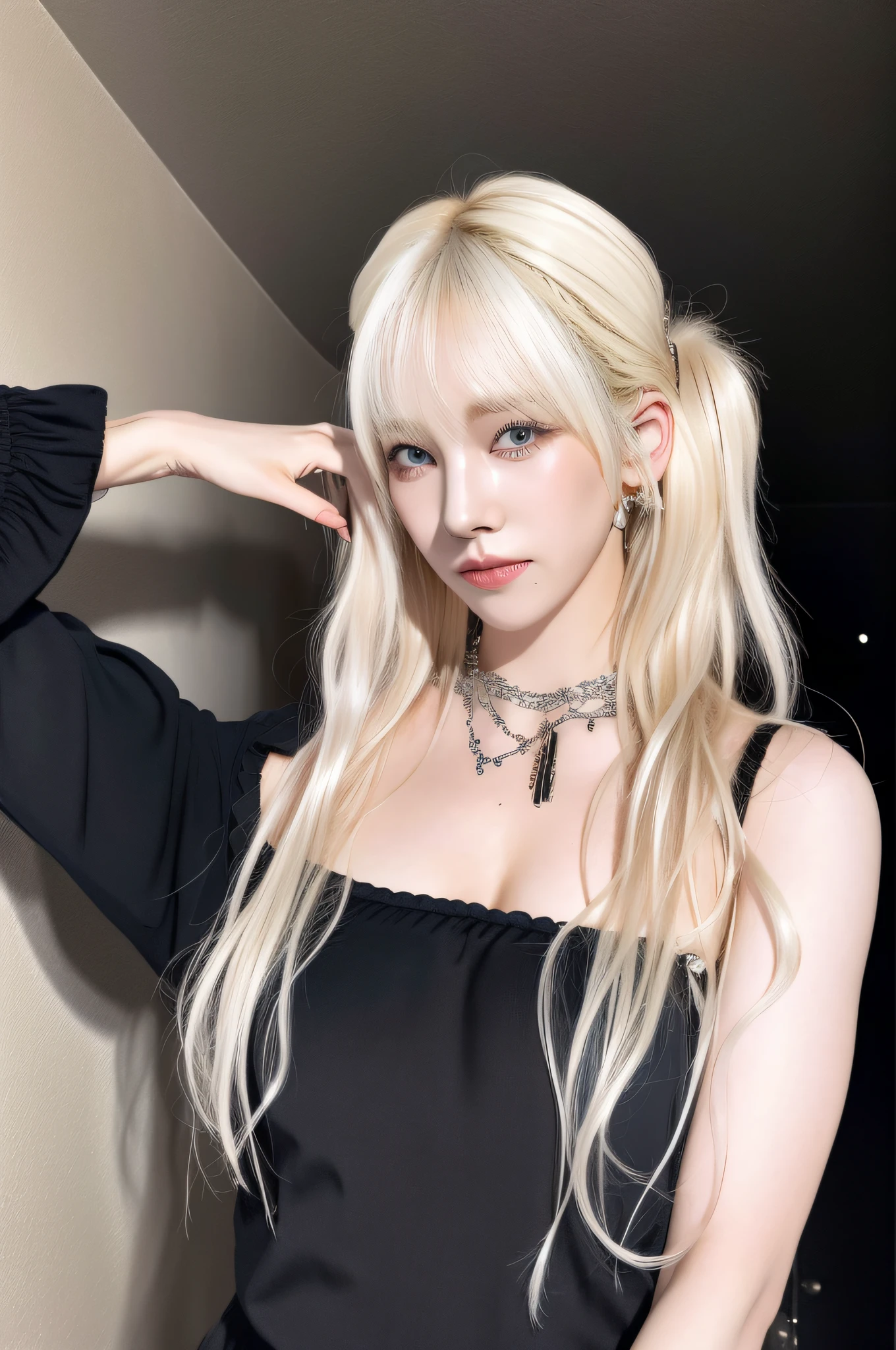 (8k, 4k, best quality, highres:1.1), (  realistic, photo-realistic:1.1), 1girl, solo, face, twintails, blonde hair, bangs, long_hair, necklace, earrings,   lips,  eyeshadow,  jewelry, (looking at viewer:1.8), spaghetti strap, black nightgown,
detailed, high contrast,