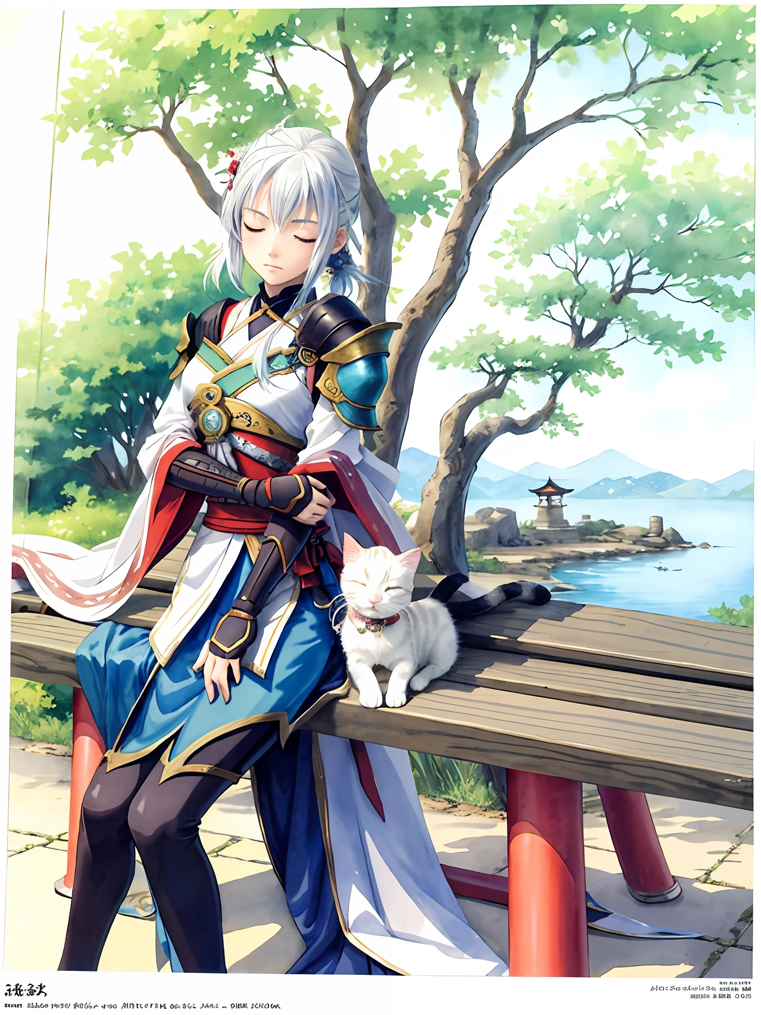 Semi-top view, role-playing, game characters, Final fantasy armor costume, eyes closed, melancholy, girl sitting on bench next to a white kitten, background with lesson tree, ancient style, inspired by Torii Kiyonaga, watercolor