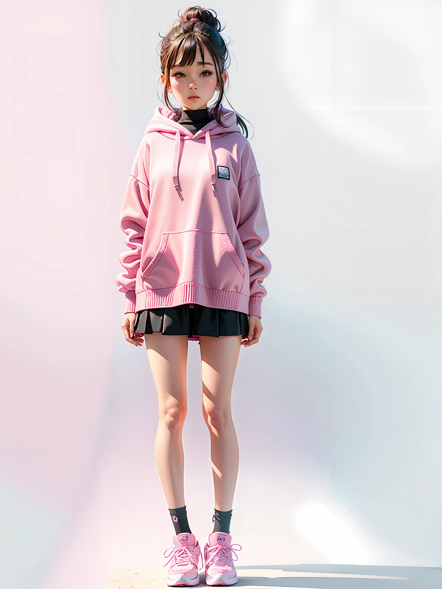 drawing of a girl in a pink sweater and black shorts, pink girl, anime full body illustration, pink clothes, urban girl fanart, by Oka Yasutomo, full body illustration, aya takano color style, style anime, by Yasutomo Oka, wearing a pink hoodie, inspired by Miwa Komatsu, some pink, full body portrait of a short!