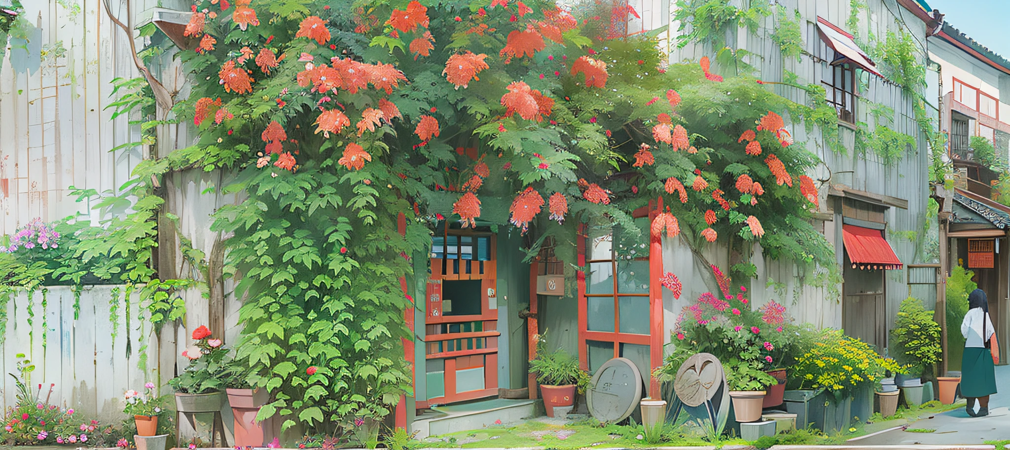 There is a small building, there is a red door green bush, like Jiufen, Zhouzhuang ancient town, red louver log cabin, by Ni Yuanlu, overgrown with flowers, aesthetic shooting, bangs, fantastic Chinese town, from the outside, beautiful aesthetics, in narrow Chinese alleys, illustration, 2D