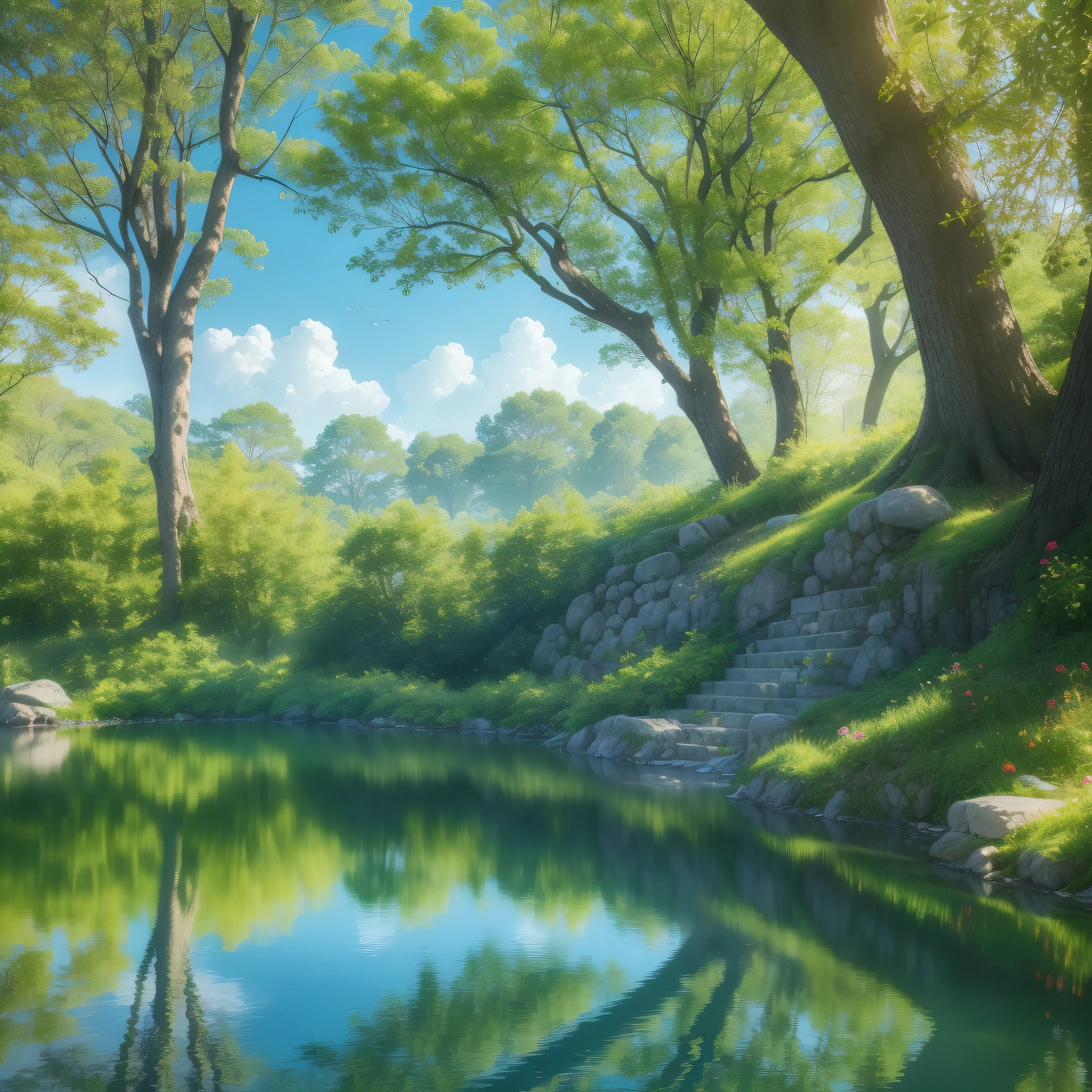 Natural beauty: lush trees, colorful flowers and birds, tranquil lakes. Blue sky and white clouds: clear blue sky, white clouds fluttering, sunny sunshine. Lakes and reflections: tranquil lake surfaces, reflecting trees, mirror effects. Bright flowers: flowers of various colors, detailed petal textures, blooming flowers. Diverse birds: a variety of lifelike birds, wings spreading, perches on tree branches. Harmony of nature: the harmonious combination of natural elements and the embodiment of ecological balance. Fresh breath: fresh air, floral fragrance, purity of the natural environment. Tranquility and serenity: tranquil natural landscapes, a sense of tranquility away from the hustle and bustle. Interweaving of light and shadow: the light and shadow of sunlight through the trees, the sparkling effect of the water surface. Spirit of Nature: Echoing natural inspiration and expressing awe and love for nature.