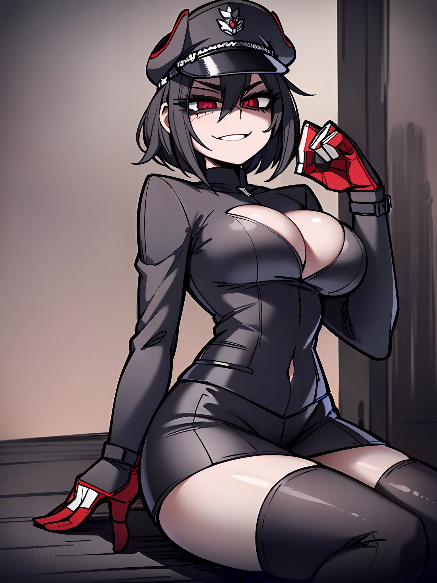 ((Masterpiece, top quality, super definition, ultra definition)), Solo, Full Body, (27-year-old Gothic woman in black leather German official uniform), wearing an army leather hat, (((Clear expression of body unevenness)), looking at the camera, (sitting with her back to the wall and bent knees), female body, nipple shape stands out, large breasts,  red eyes, black bob hair, front zoom, horizontal seat, yandere, strong makeup, constricted pupils, deep shadows, SFW, dark, detailed hands, tall woman, sadistic smile, dynamic angle, scattered crotch, deep shadows, 8k resolution