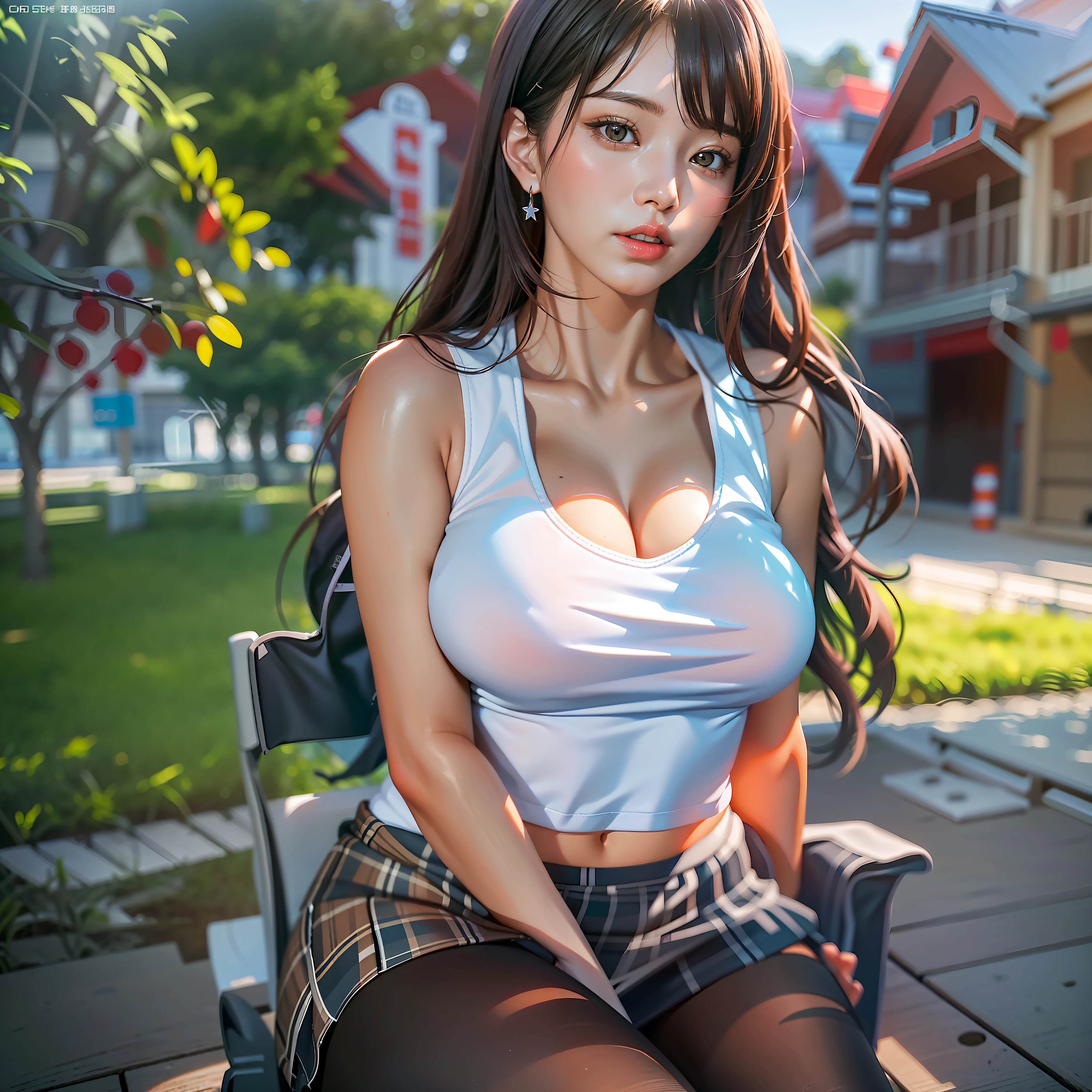 There is a woman sitting on a bench in a white top, surreal schoolgirl, ultra-realistic pictures, realistic style, Guweiz-style artwork, surreal schoolgirl, seductive anime girl, Korean girl, surreal, popular on CGstation, realistic, beautiful asian girl, [ 4K digital art ]!!