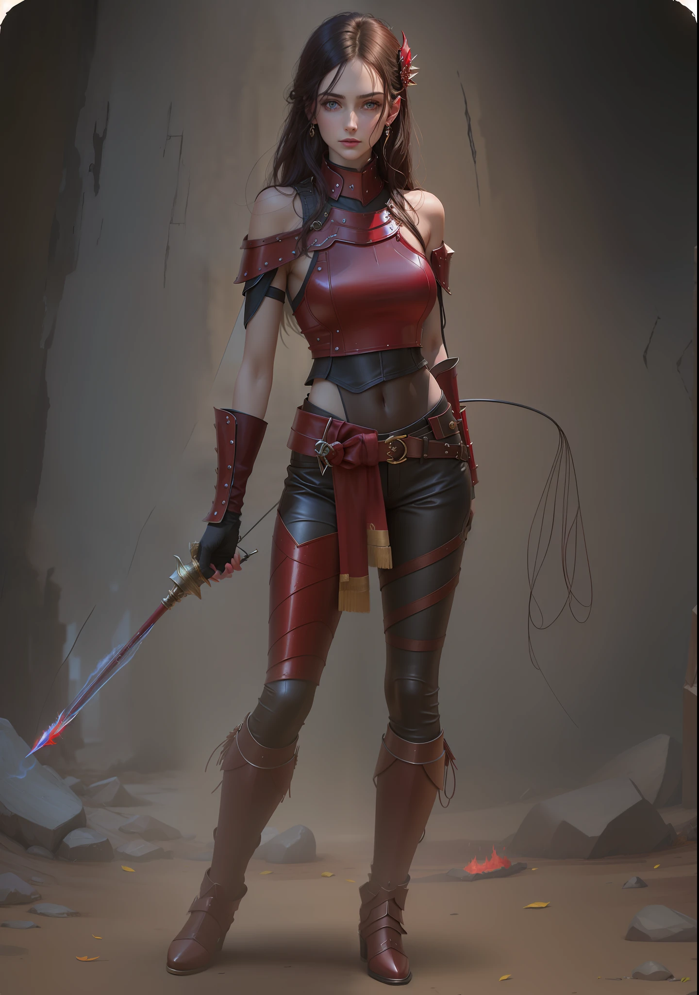 8k, complex, elegant, highly detailed, majestic, digital photography, denim lens, surrealist painting, broken ruby, beating magic, winding fire magic, (masterpiece, side light, fine beautiful eyes: 1.2), HDR, Void 5 energy storm, (leather pants), pale skin, glowing skin, ( Sitting on a stone: 1.5), delicate face, black hair, wearing palatial red armor, bare shoulders, navel, short skirt, fine red armor, raining, beautiful, looking at the audience, turning away from the camera, masterpiece, full body. --auto --s2