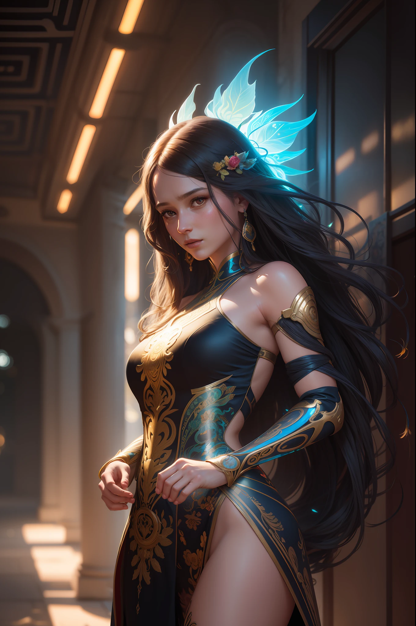 [[[ancestral goddess of the flowers]]], delicate face, long and smooth curly hair, full body, by Renaud Matgen, 8k resolution concept art portrait by Greg Rutkowski, Artgerm, WLOP, Alphonse Mucha dynamic lighting hyperdetailed intricately detailed Splash art trending on Artstation triadic colors Unreal Engine 5 volumetric lighting