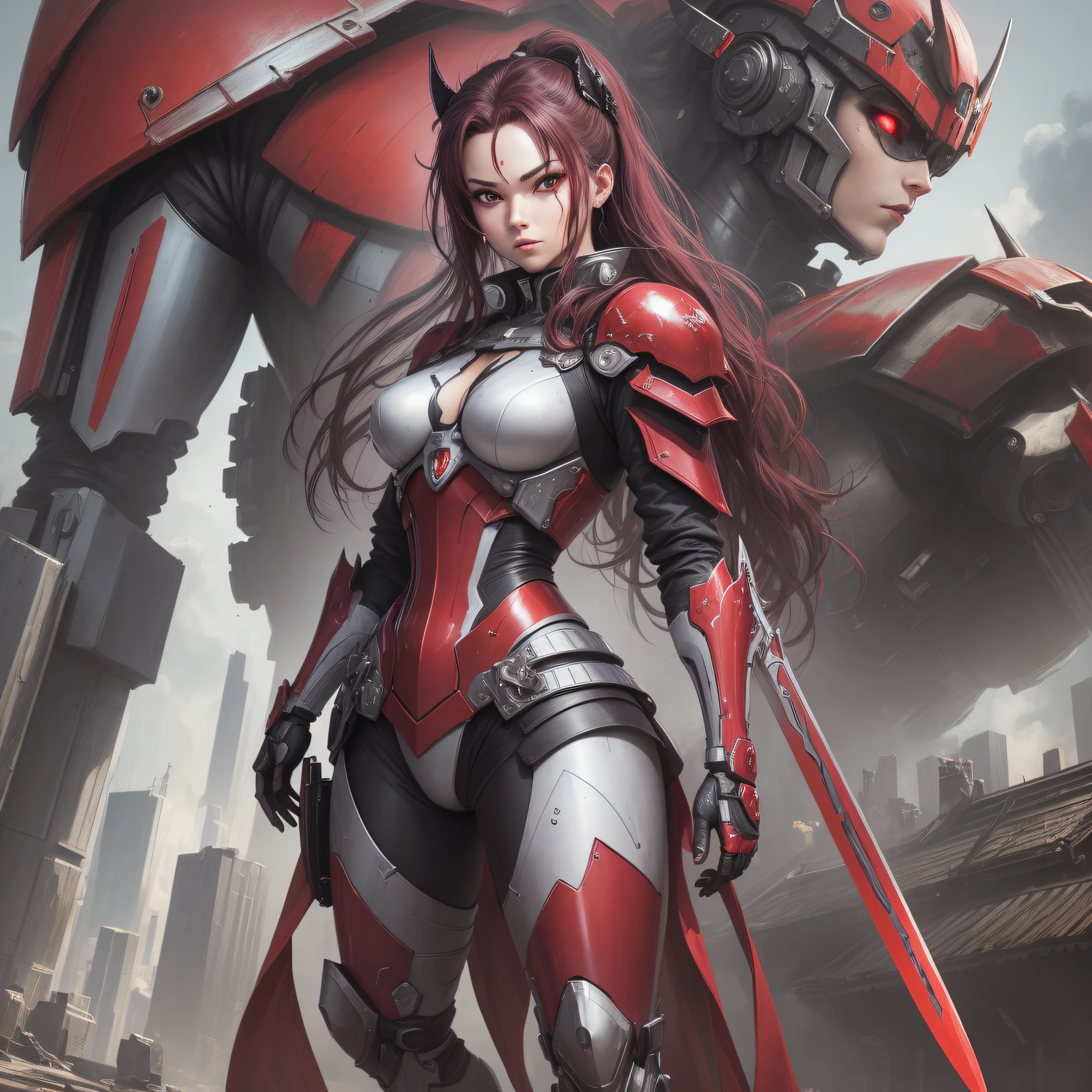 Crimson paint, evil, close-up portrait of a person in costume with a sword, cyber japan style armor, cyber japan armor, gyver style, girl in armor, monster hunter armor, full body mecha suit, perfect anime cyborg woman, cyborg noble woman, mecha cyber armor girl, detailed full body concept, female armor, anime character. Full Body Art --auto --s2