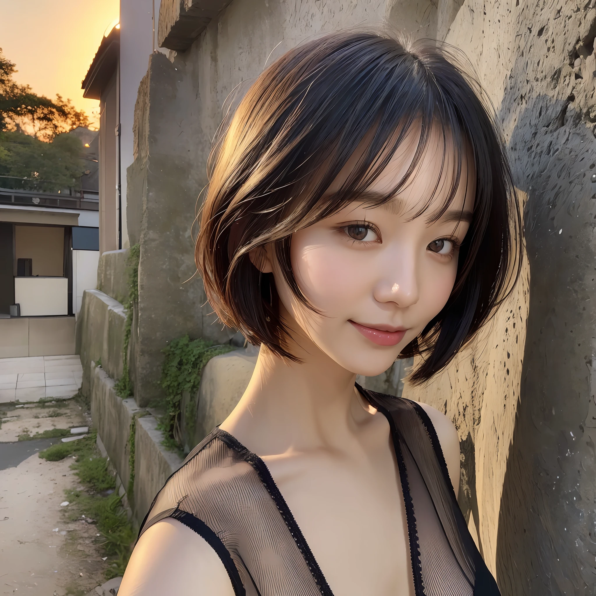 Japan Beauty, Slender, Quiet Breasts, Small Ass, Detailed Eyes, Sexy Black Underwear, Bob Cut, Dark Black Eyes, Little Smile, Embarrassing , One Of, One Of, Golden Ratio, Sunset, One Girl, Photorealistic, 16K --auto --s2