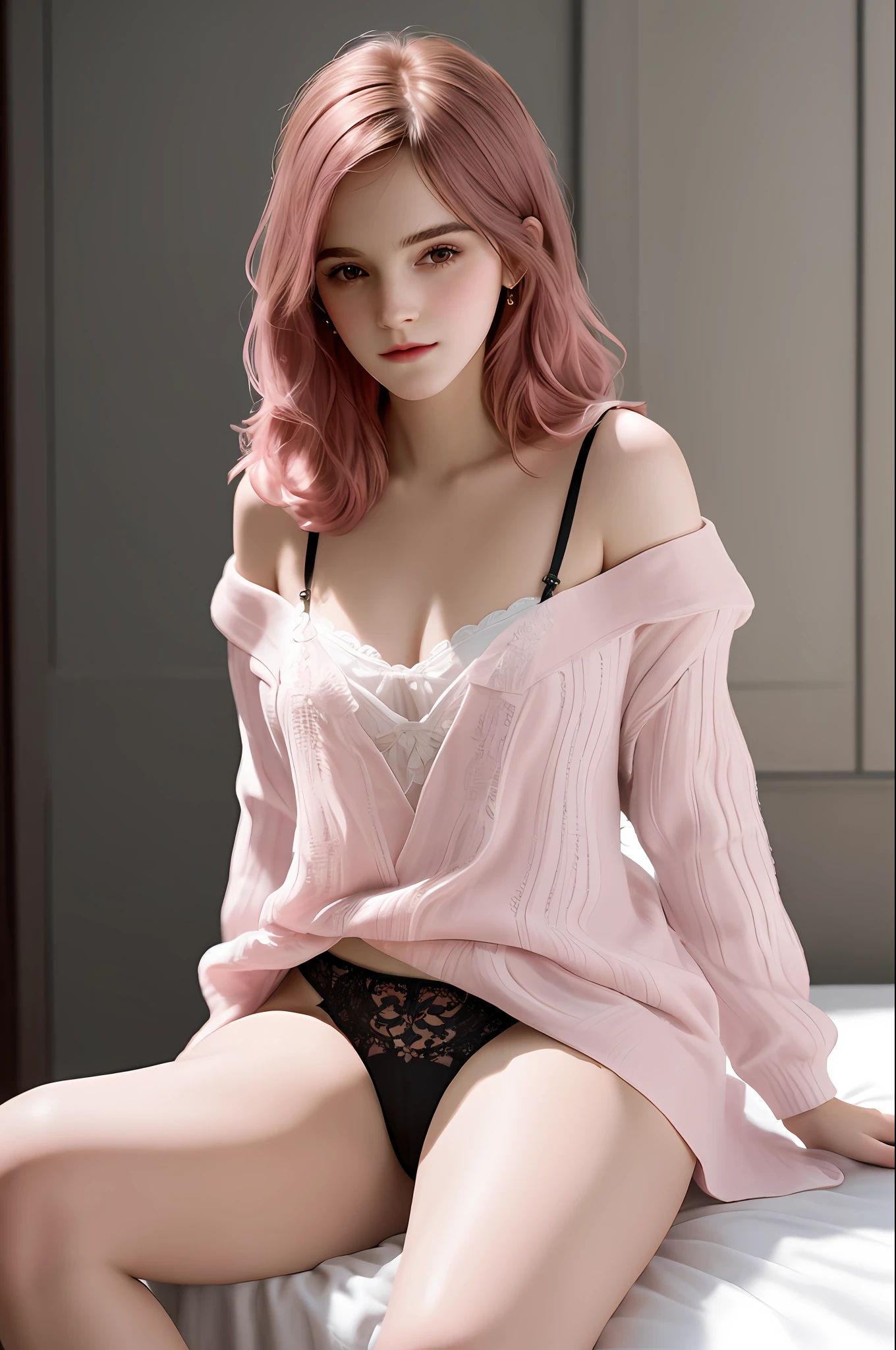 Very detailed eyes, very detailed face, very beautiful woman, best quality, super detailed (photorealistic), big, very delicate and beautiful legs, black naughty underwear, emma watson, pink hair