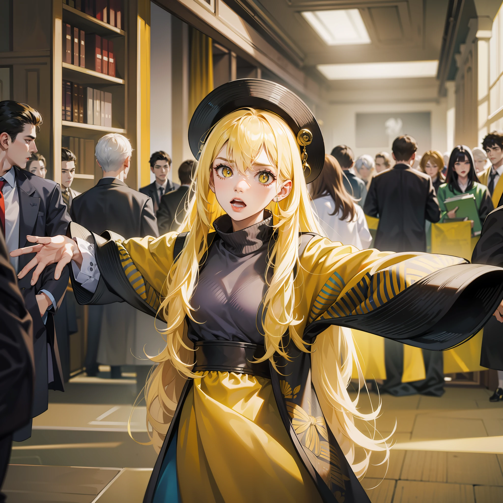The crowd blurred, and behind stood a woman with long yellow hair, yellow pupils, disheveled clothes, shouting angrily, room background