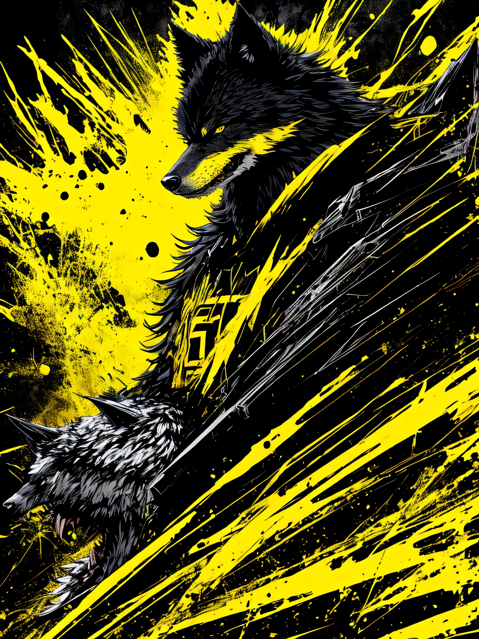 yellow and black, a monstrous wolf, in the style of Mork Borg, strong contrast, grunge dirty punk splash art, zine black metal, forest color splash background