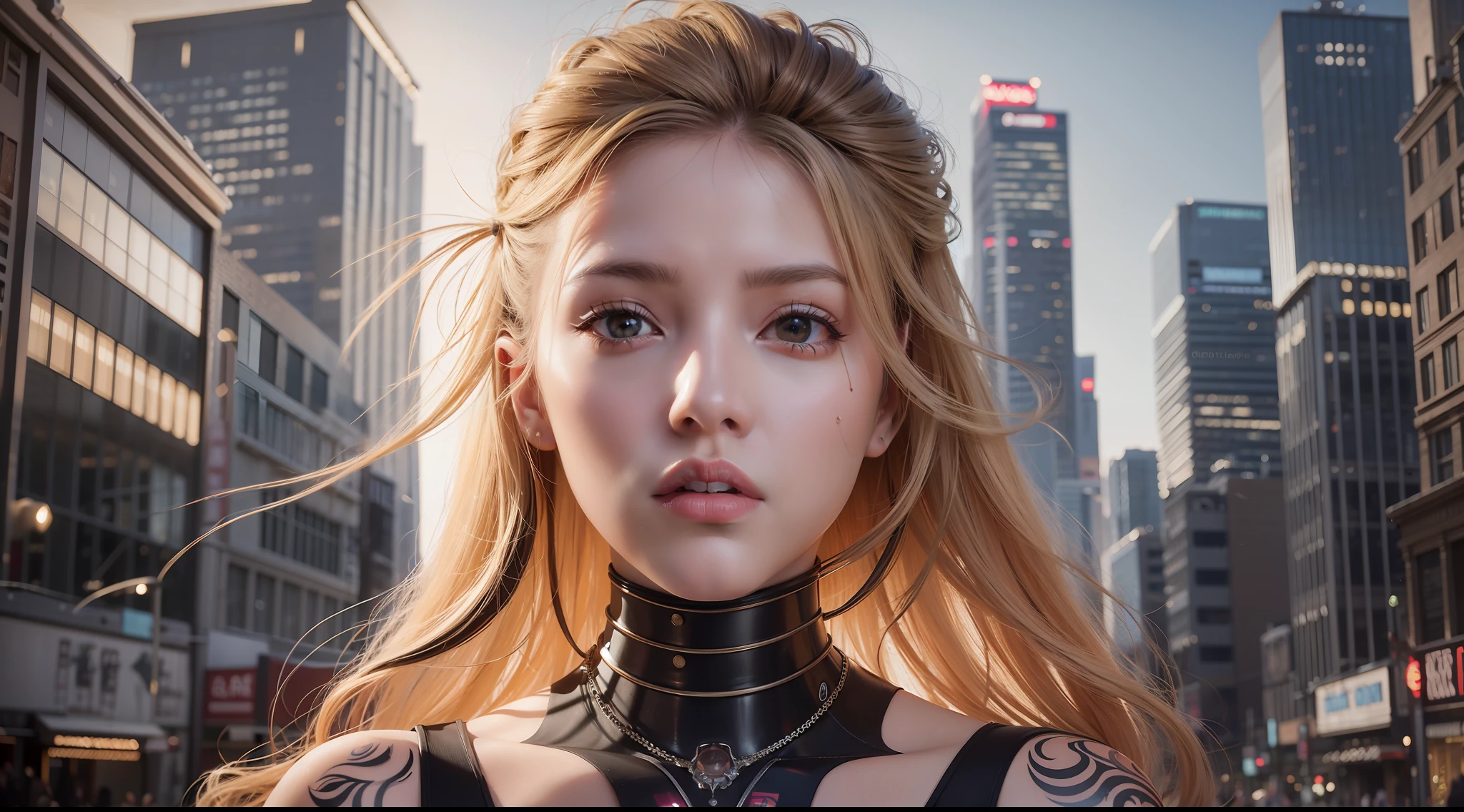 Award-winning photo from the waist up, woman with brown and blonde hair showing her face, alone, from the torso up, with cybernetic enhancements with tattoo of magical symbols, in front of cyberpunk buildings, vibrant, photorealistic, hyper-realism, strong impressionist painting style, 1,618, elegant, ethereal, intricate, elaborate, hyper-realism, hyper-detailed, strong expressiveness and emotionality, cinematic lighting, visual clarity