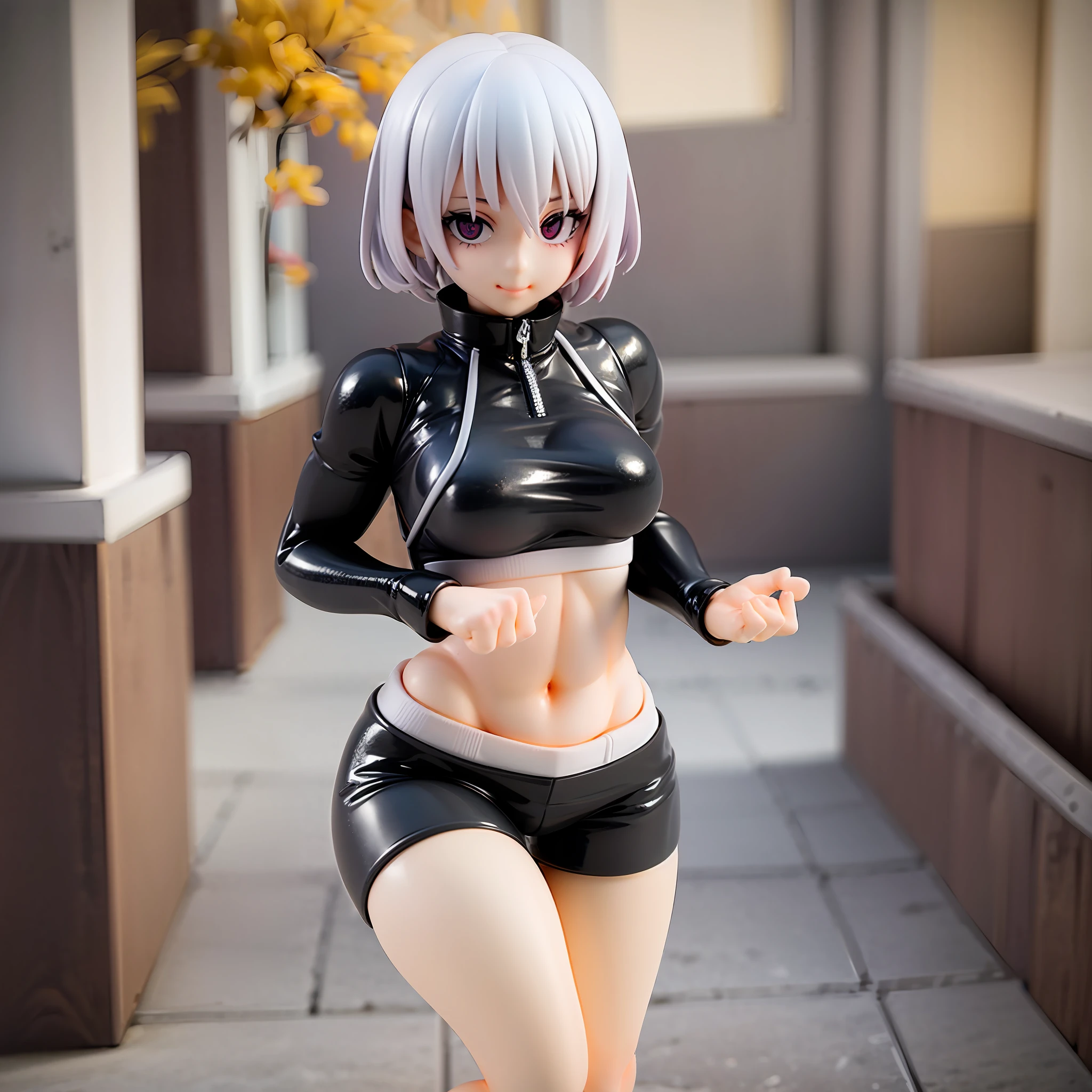 white hair, short cut,1girl,short pants, sneakers, beautiful eye, full body, dancing, looking away, black suit,[realistic], [3d], smile, closed mouth,(8k, RAW photo, best quality, masterpiece:1.2), ultra high res, photo realistic, professional lighting, detailed lighting, professional photography, high quality, high res, extremely detailed, bloom, depth of field, sketch, sharp focus, soft lighting, detailed, detailed skin, to8contrast style