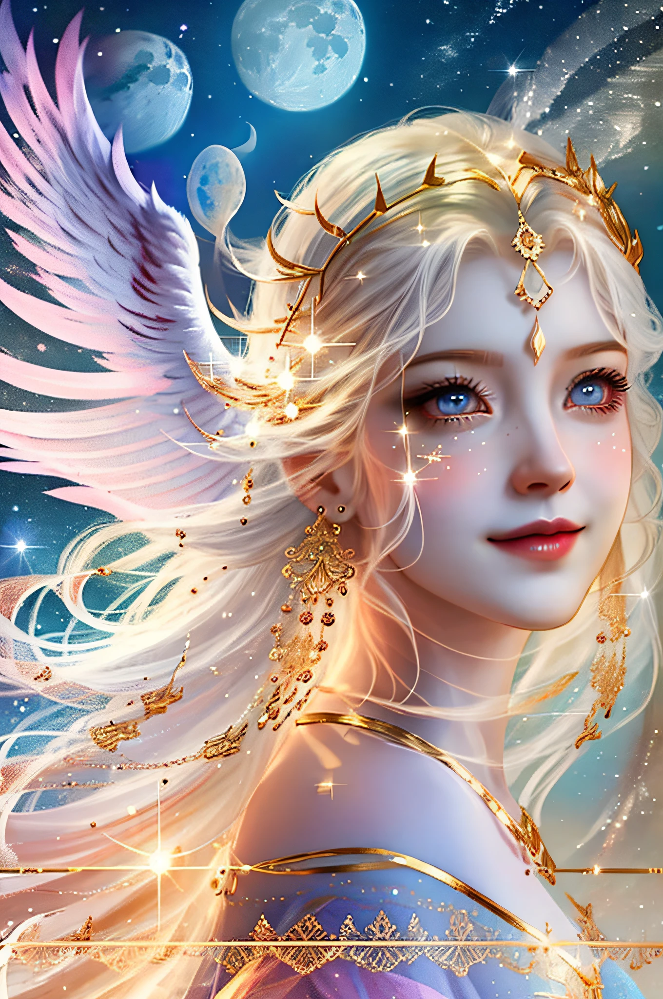 Watercolor beautiful magic, mystical goddess, flowing light, vintage frame, angel wings, smile, angel wings evenly drawn left and right, stars, roses, moon, looking back, fantasy illustration, perfect face, beautiful light hair, perfect eyes, golden light, vivid vivid colors, intricate details, super detail, super high quality, 32K, unreal engine, isolated on white background, cute, clip art, Fantasy art