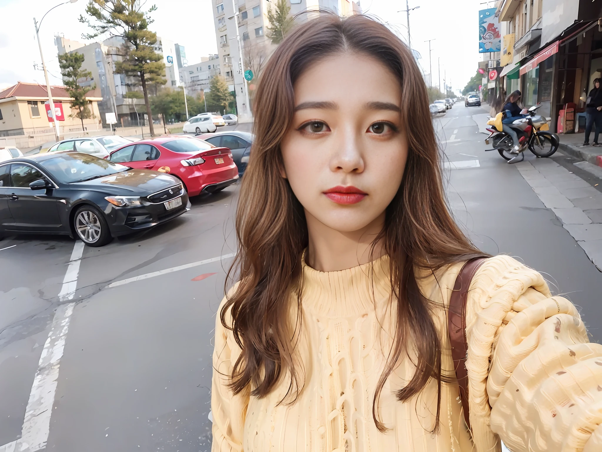 arafed woman with long brown hair and a yellow sweater, 8k selfie photograph, ulzzang, wavy hair yellow theme, young cute wan asian face, xision wu, xintong chen, gorgeous young korean woman, beautiful south korean woman, beautiful young korean woman, sha xi, selfie of a young woman, li zixin, popular south korean makeup