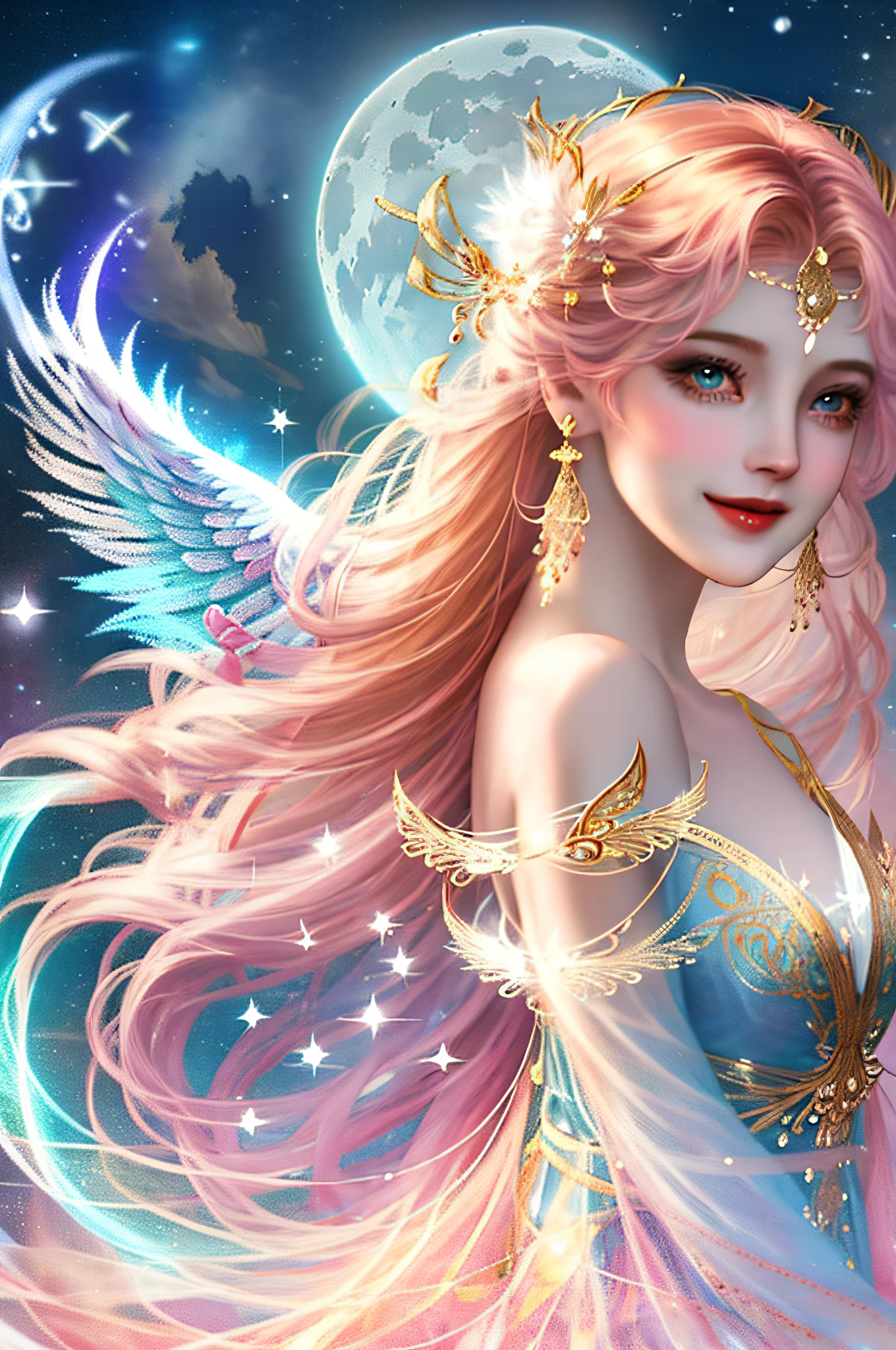 Watercolor beautiful magic, mystical goddess, flowing light, vintage frame, angel wings, smile, angel wings evenly drawn left and right, stars, roses, moon, looking back, fantasy illustration, perfect face, beautiful light hair, perfect eyes, golden light, vivid vivid colors, intricate details, super detail, super high quality, 32K, unreal engine, isolated on white background, cute, clip art, Fantasy art