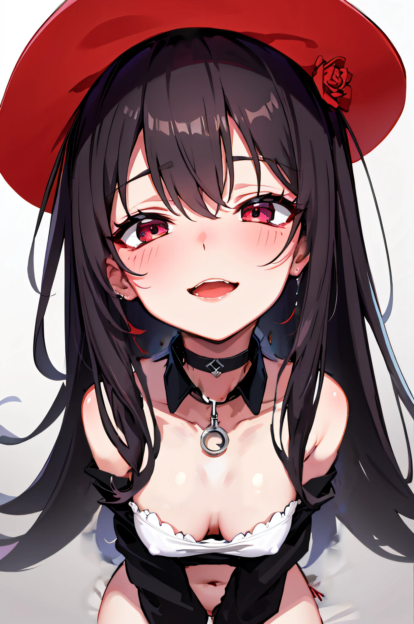 SLE, mksks style,best quality, masterpiece, detailed background, very detailed, complex and detailed face, best smile, cheeks stained red, (black choker),ahegao,saliva taunt, no clothes, medium breasts, undergarment, undergarment, white skin, tummy,chest,open mouth
