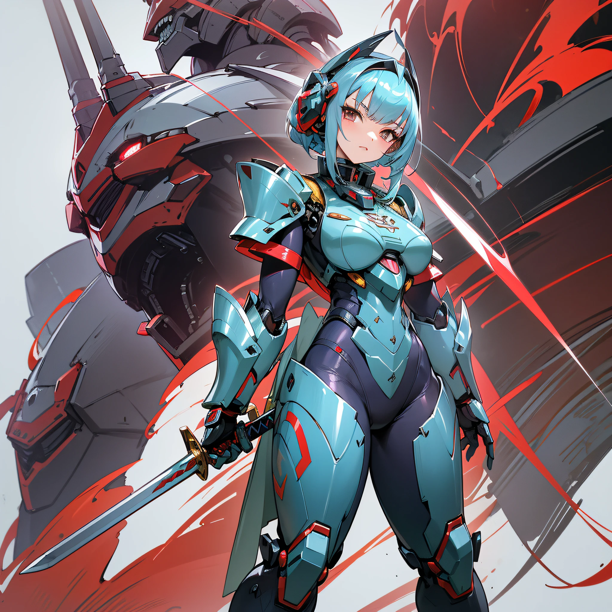 Crimson paint, villain, close-up of person in costume with sword, cyber japan style armor, cyber japan armor, guyver style, girl in armor, monster hunter armor, full body mecha suit, perfect anime cyborg woman, cyborg noble woman, mecha cyber armor girl, detailed full body concept, female armor, anime character. Full Body Art --auto --s2