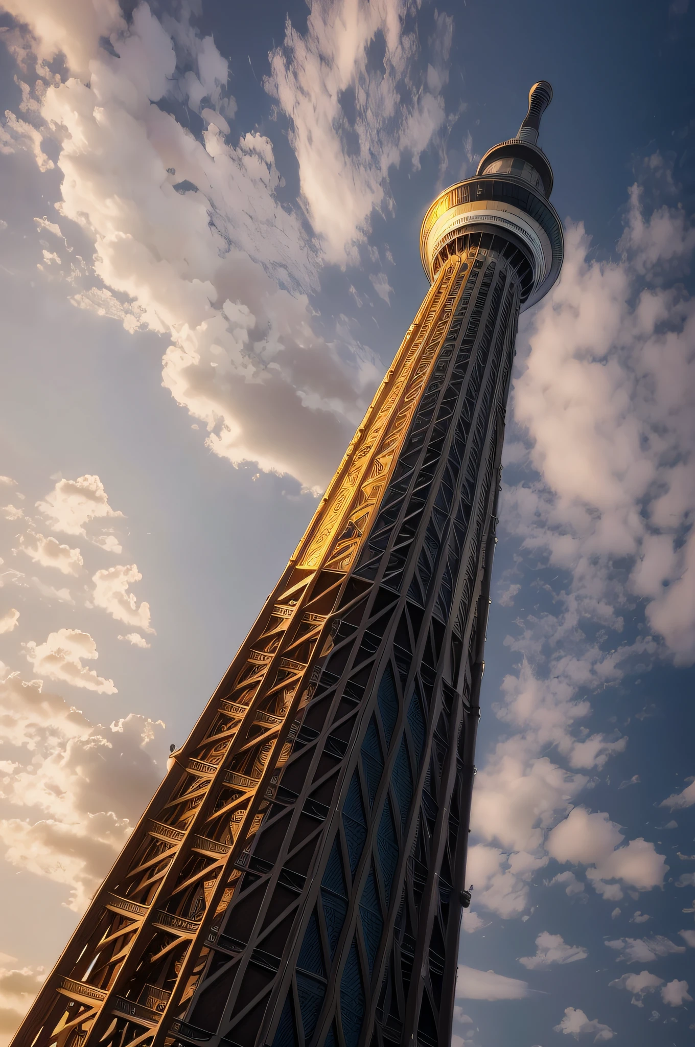 arafed view of a tall tower with a clock on top, japan tokyo skytree, tower, that is 1300 feet tall, towering over your view, towering, stratosphere, complex!!, towering high up over your view, gigantic tower, twisted giant tower, shinkai, towering over the camera, spire, up there, towering over a city