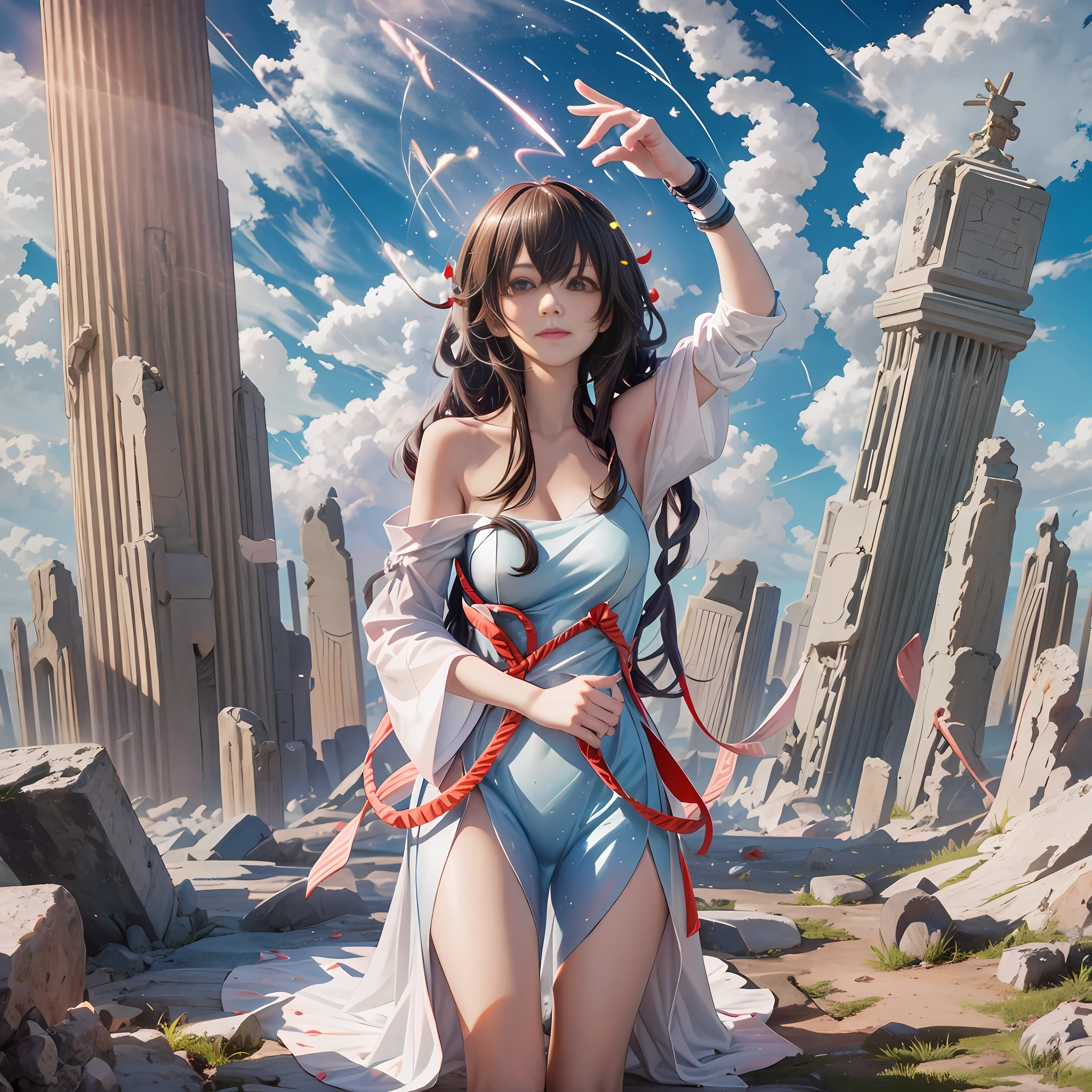 There are no figures, a pillar of light in the sky connects heaven and earth, tornadoes