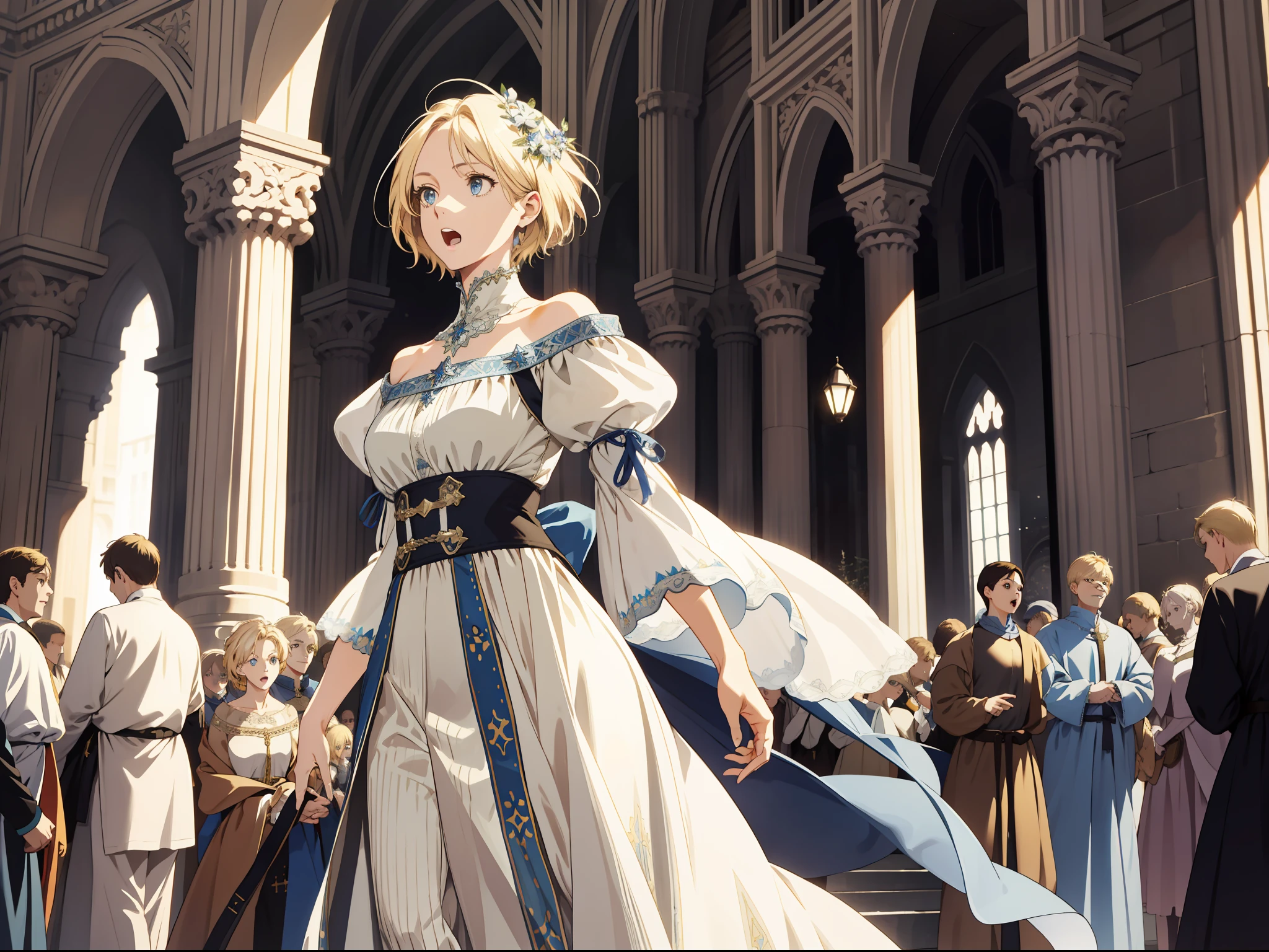 (ridiculous, high resolution, super detailed), full body, 1 female, maiden, beautiful, delicate eyes and delicate face, delicate, square, crowd, (surprised), open mouth, short blonde hair, look ahead, medieval attire, medieval style, hair over shoulder