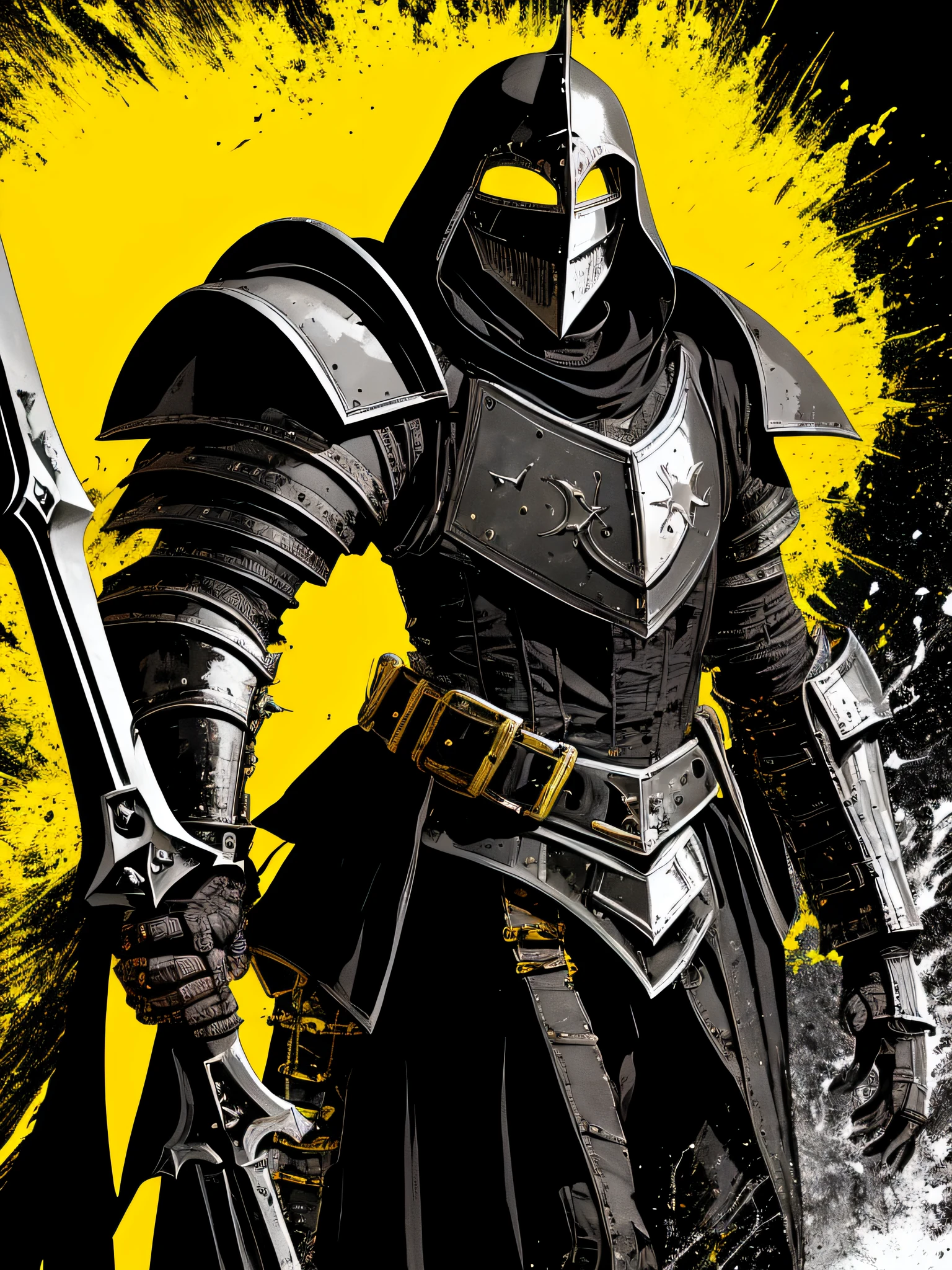 (a black and white medieval paladin), in the style of Mork Borg, strong contrast, grunge dirty punk splash art, zine black metal, yellow and black background