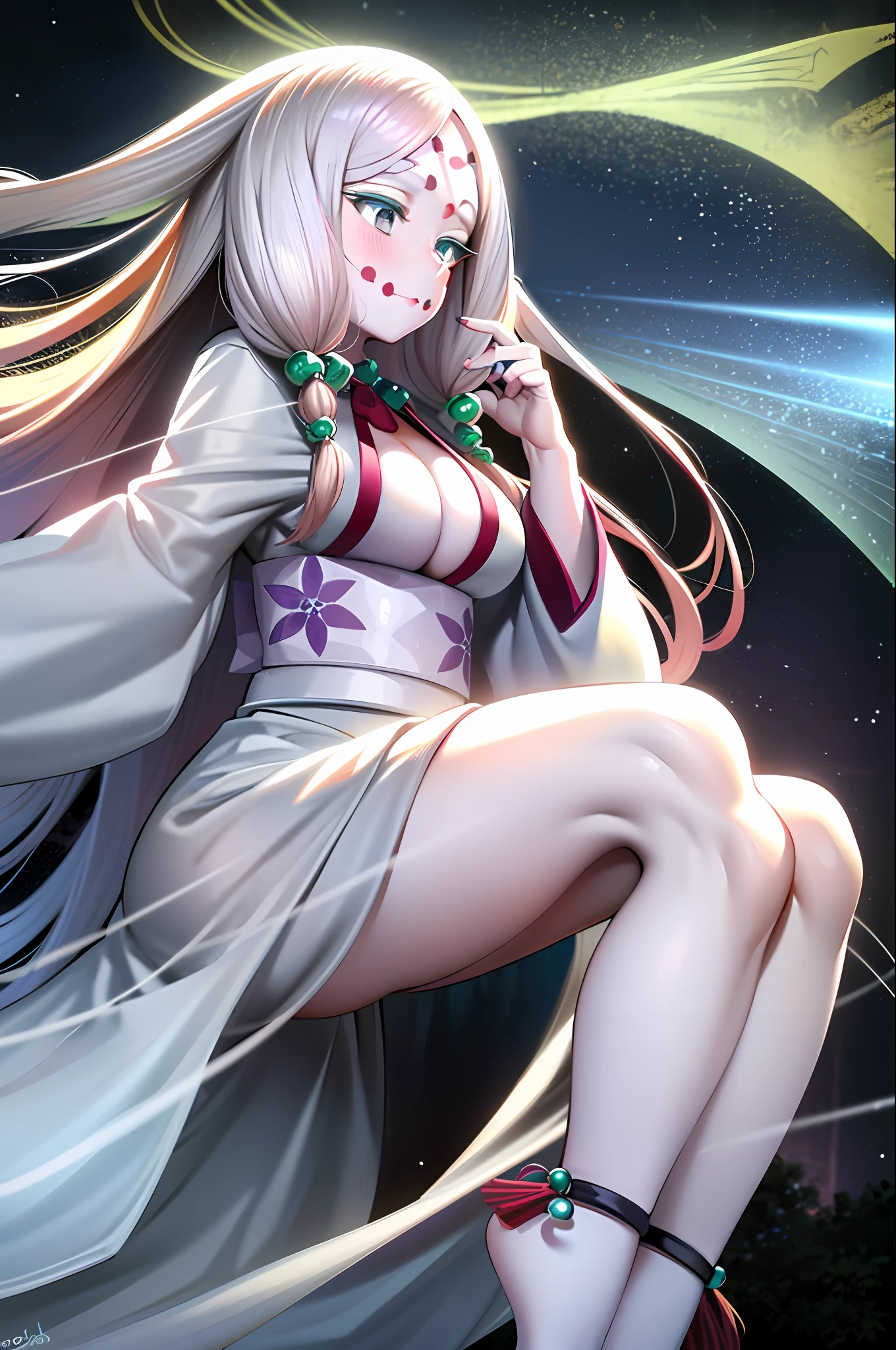 masterpiece, best quality, MTSpiderV4, 1girl, solo, white skin, long hair, breasts, beads, japanese clothes, ((white kimono)), silk, stone, forest, aurora borealis, spider web, best quaity, ultra detailed, hyper detailed