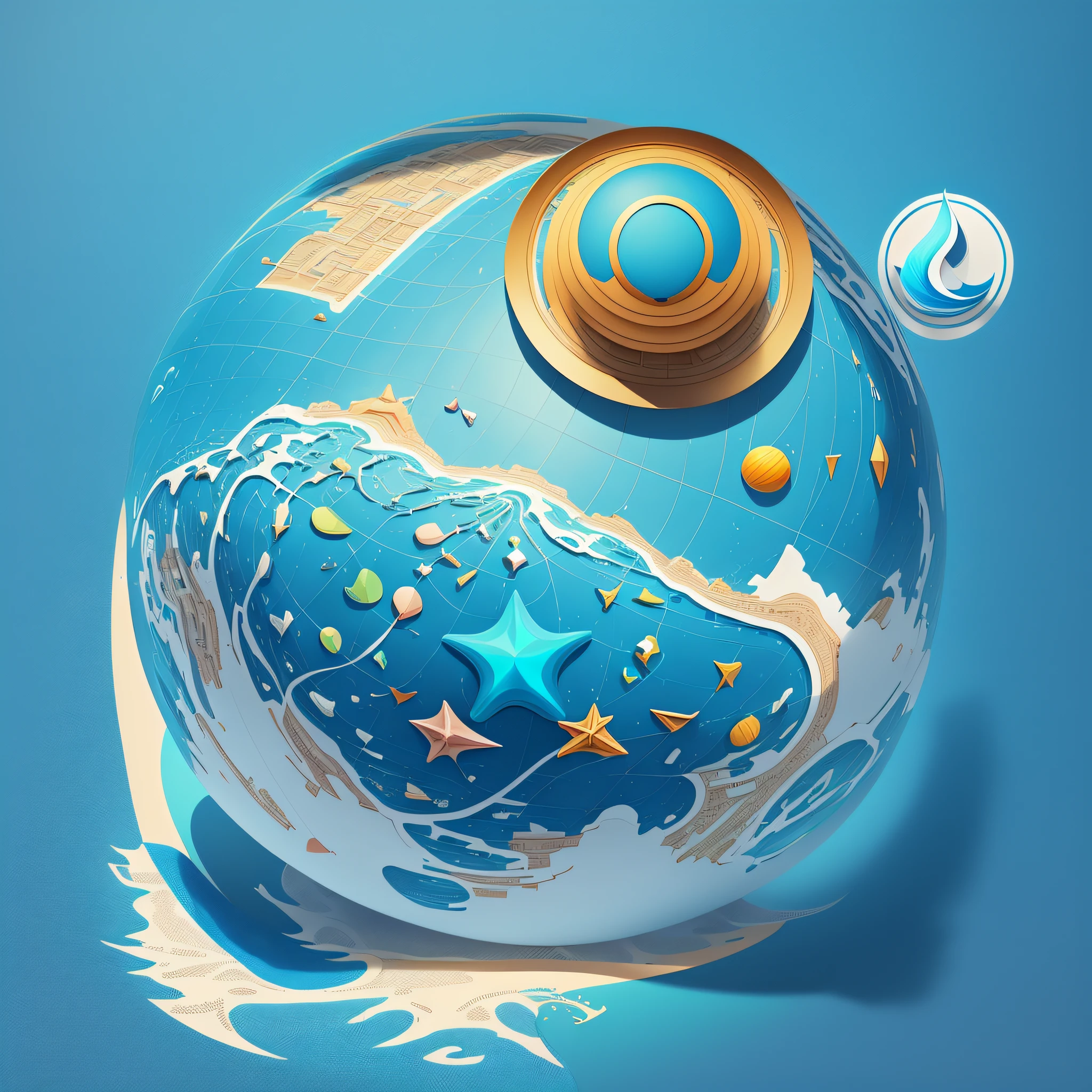 Generate a software icon that mainly uses elements symbolizing tourism and the earth, adopts the pattern of a globe, and adds the shape of a travel bag in the center to highlight the theme of tourism and travel. The background color of the icon is a bright blue, representing the openness and freedom of the sea, sky and travel, while also fitting the theme of tourism. The entire icon is concise, clear and easy to identify. During the design process, we emphasized the attention to detail, so that every element of the icon is clearly visible, and at the same time, the icon is distinguished from other applications, improving the user's recognition. --auto --s2
