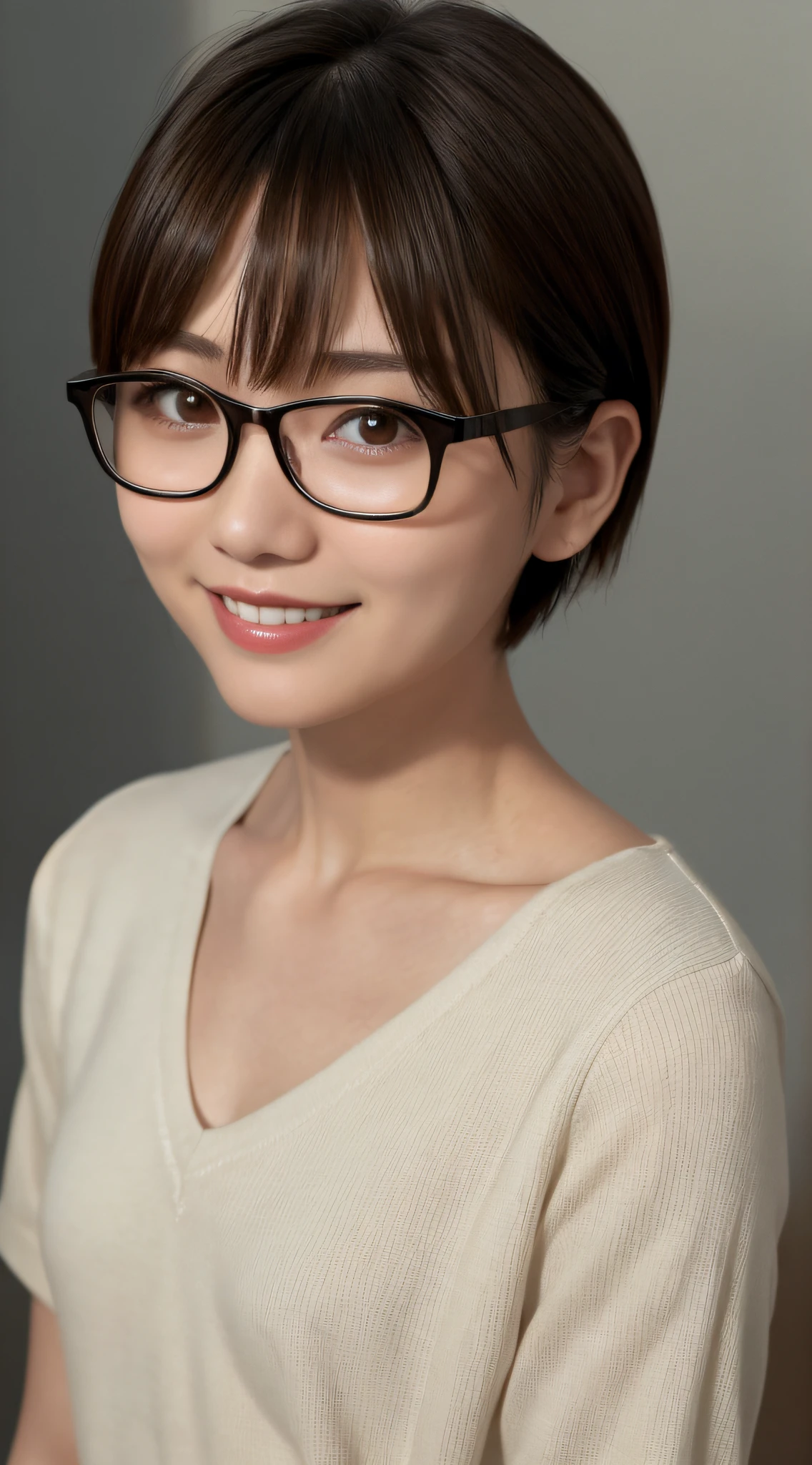 Detailed face, small breasts, waist constriction, short hair, slender, detail face, waist constriction, short hair, glasses, Japan person, no makeup, small, small breasts, thin glasses, thick lips, smile