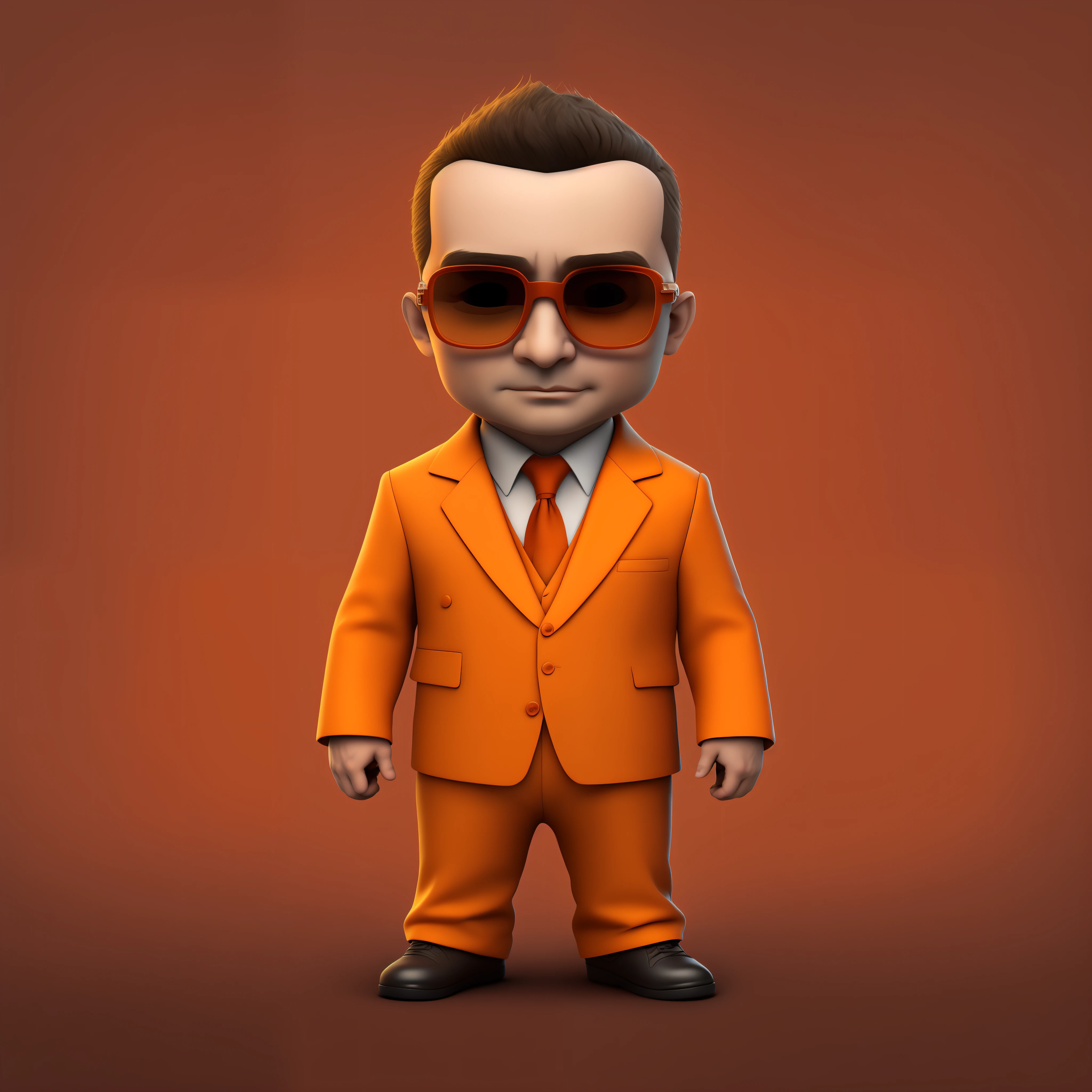 A male character, orange suit, orange tie, cyberpunk, brunette, businessman, orange glasses frame, dark lenses, 3D, cartoon, uhd, super cute, avatar stile Facebook, A male character, orange suit, orange tie, cyberpunk, brunette, businessman, orange glasses frame, dark lenses, 3D, cartoon, uhd, super cute, stile avatar, happy, smiling