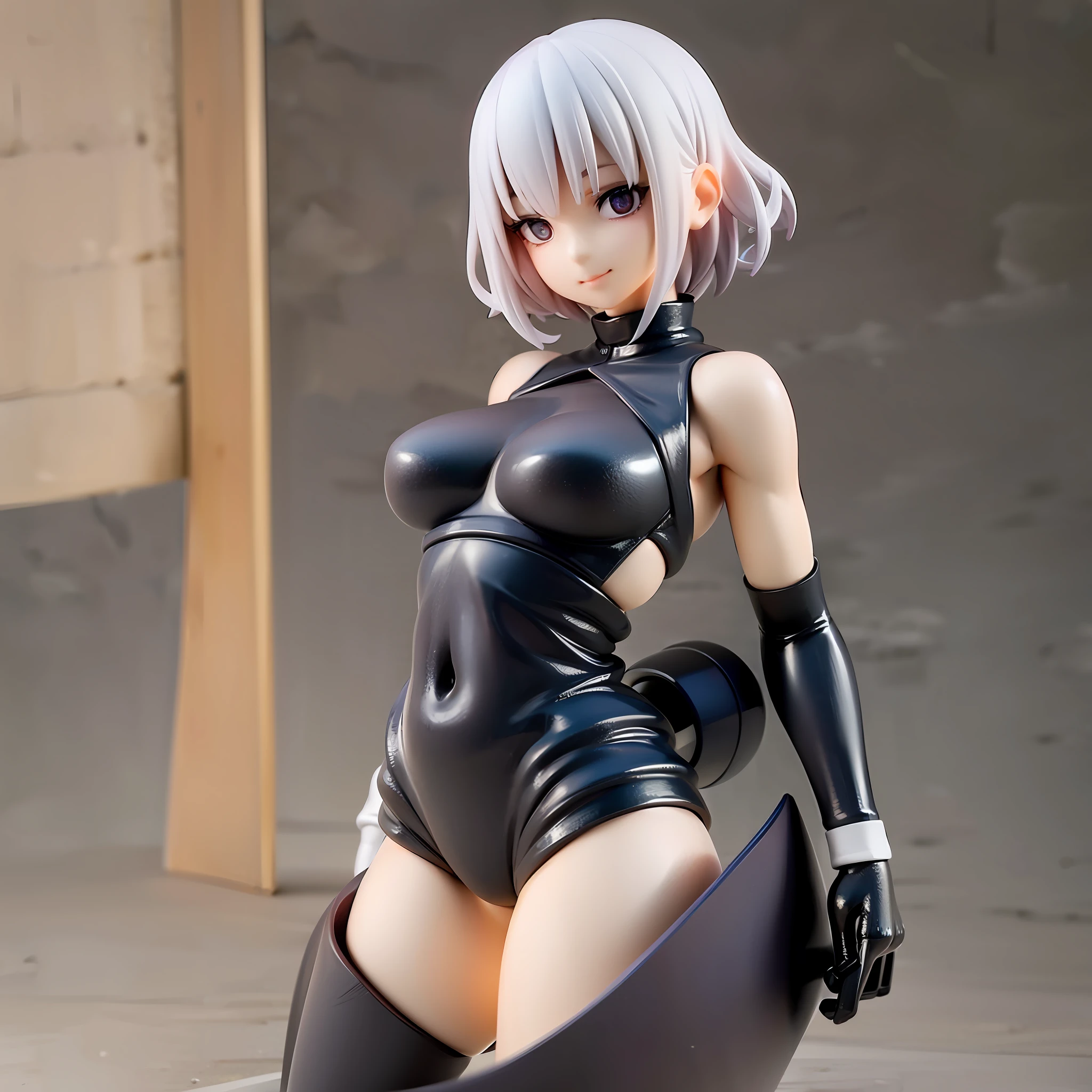 white hair, short cut,1girl,short pants, sneakers, beautiful eye, full body, dancing, looking away, black suit,[realistic], [3d], smile, closed mouth,(8k, RAW photo, best quality, masterpiece:1.2), ultra high res, photo realistic, professional lighting, detailed lighting, professional photography, high quality, high res, extremely detailed, bloom, depth of field, sketch, sharp focus, soft lighting, detailed, detailed skin, to8contrast style